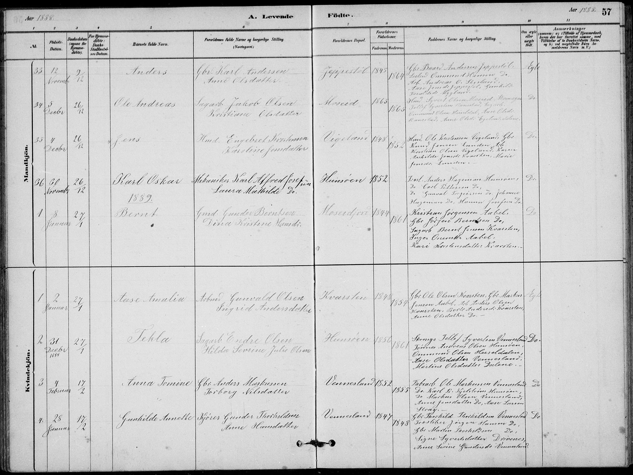 Vennesla sokneprestkontor, AV/SAK-1111-0045/Fb/Fbb/L0003: Parish register (copy) no. B 3, 1879-1893, p. 57