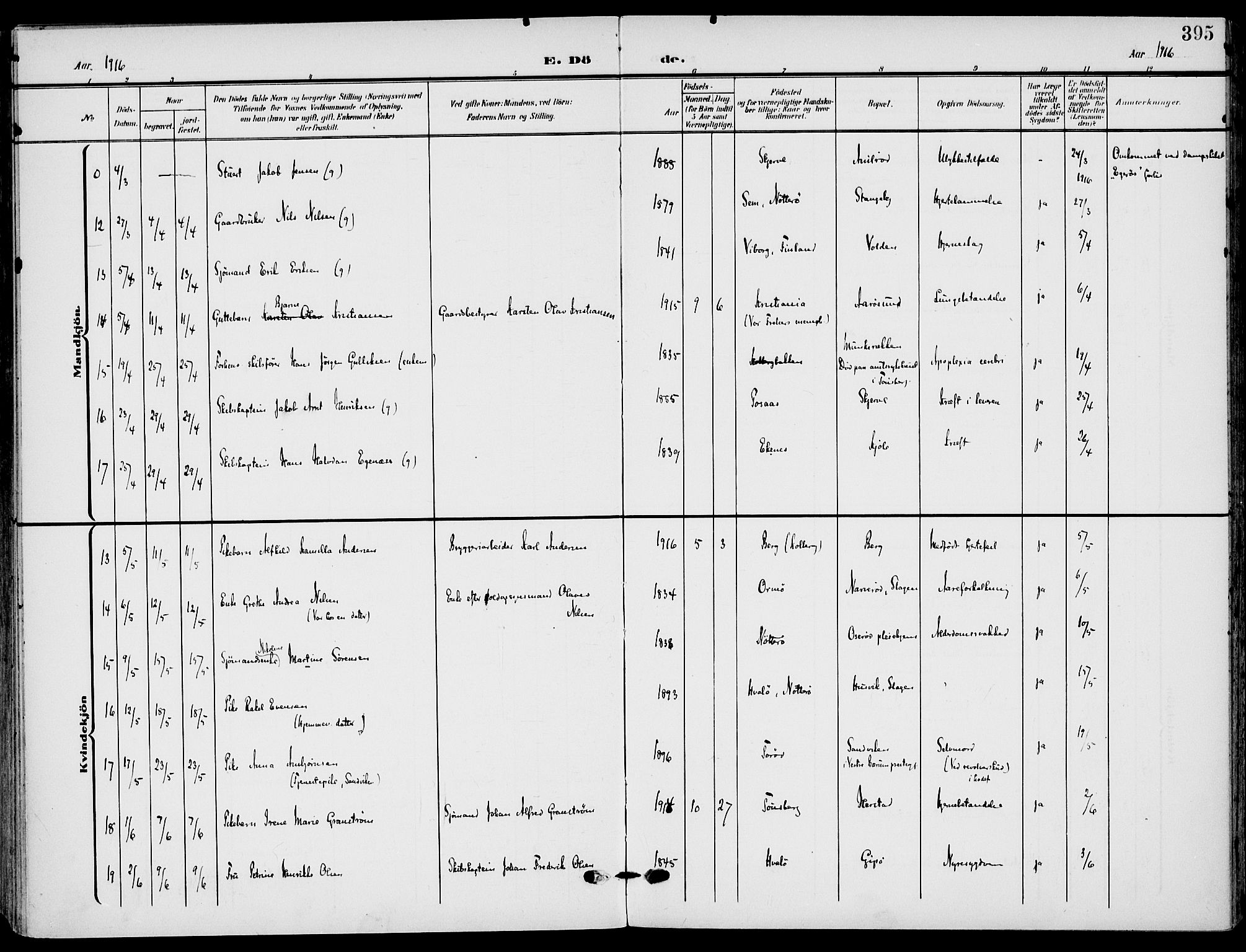 Nøtterøy kirkebøker, AV/SAKO-A-354/F/Fa/L0010: Parish register (official) no. I 10, 1908-1919, p. 395