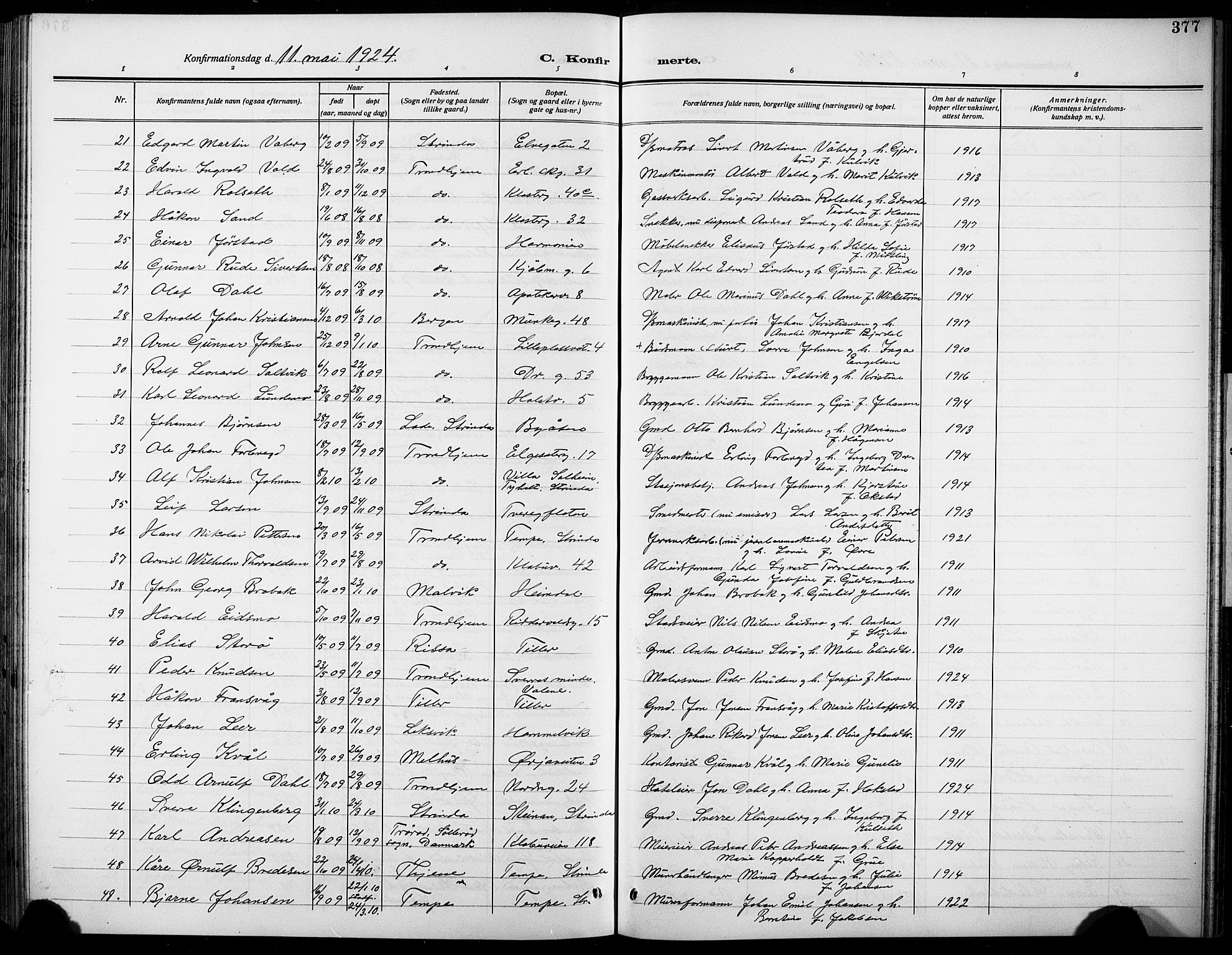 Ministerialprotokoller, klokkerbøker og fødselsregistre - Sør-Trøndelag, SAT/A-1456/601/L0096: Parish register (copy) no. 601C14, 1911-1931, p. 377