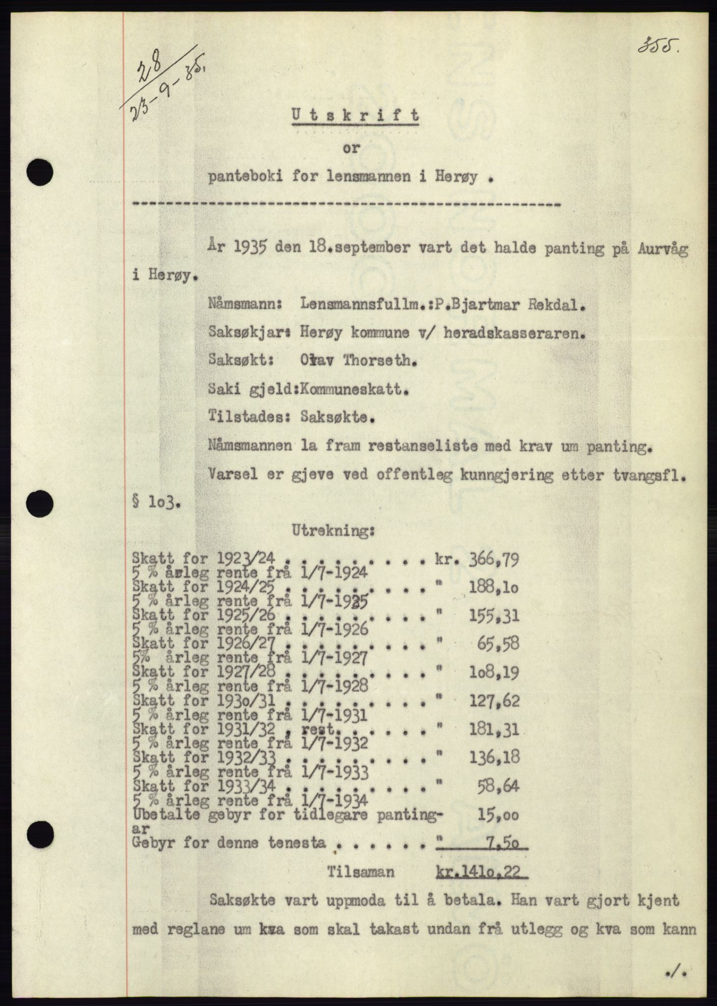 Søre Sunnmøre sorenskriveri, AV/SAT-A-4122/1/2/2C/L0059: Mortgage book no. 53, 1935-1935, Deed date: 23.09.1935