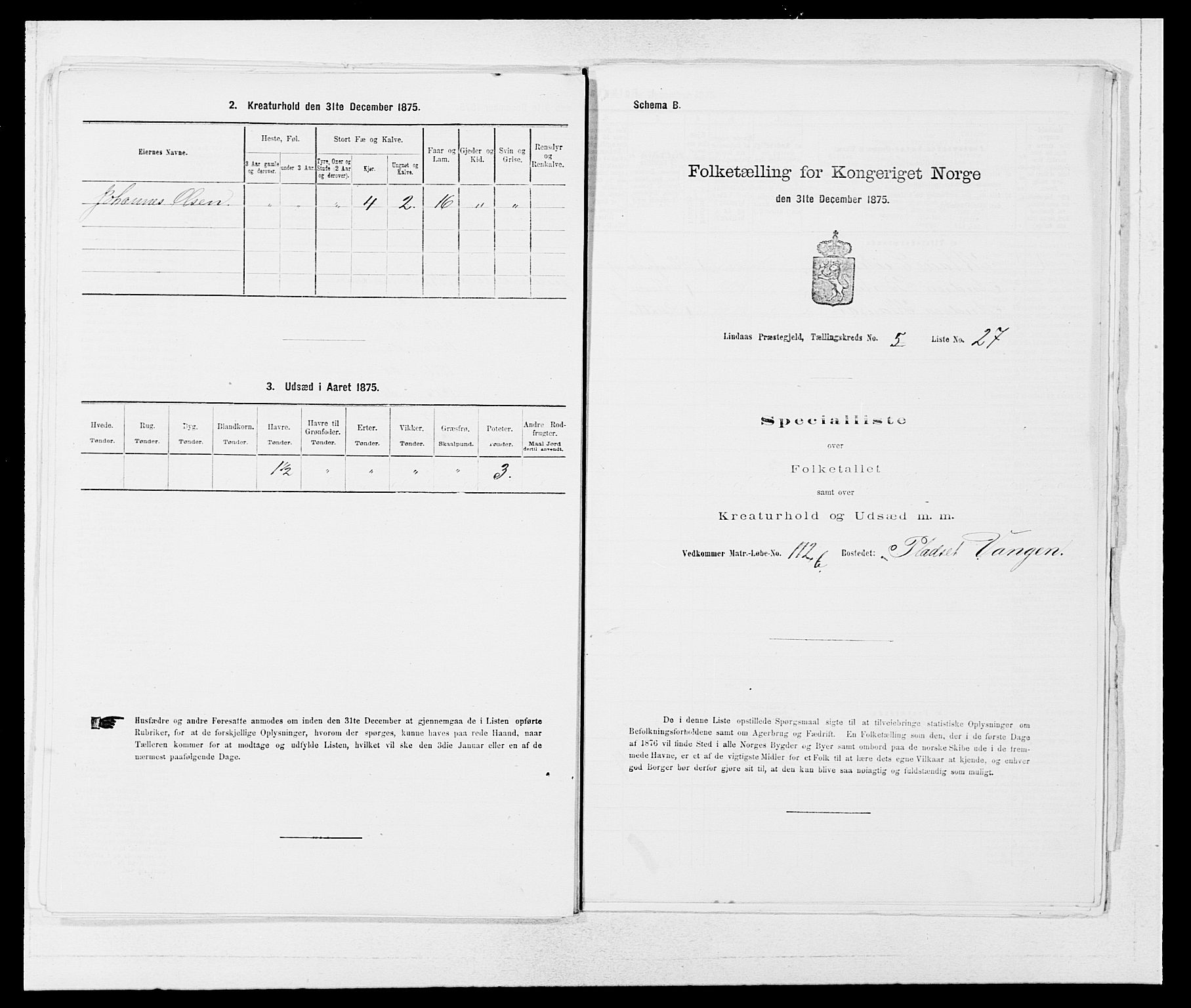 SAB, 1875 census for 1263P Lindås, 1875, p. 444