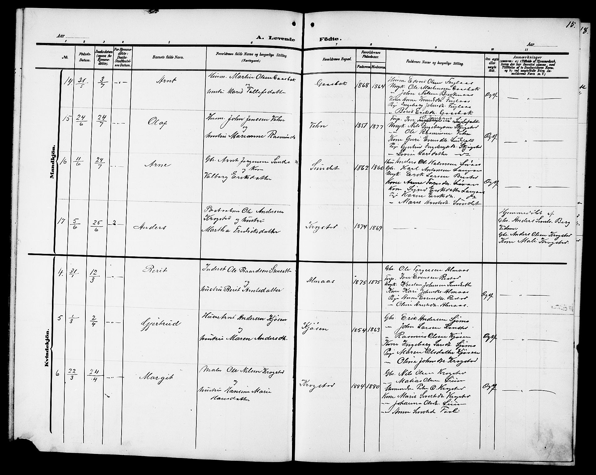 Ministerialprotokoller, klokkerbøker og fødselsregistre - Sør-Trøndelag, SAT/A-1456/694/L1133: Parish register (copy) no. 694C05, 1901-1914, p. 15
