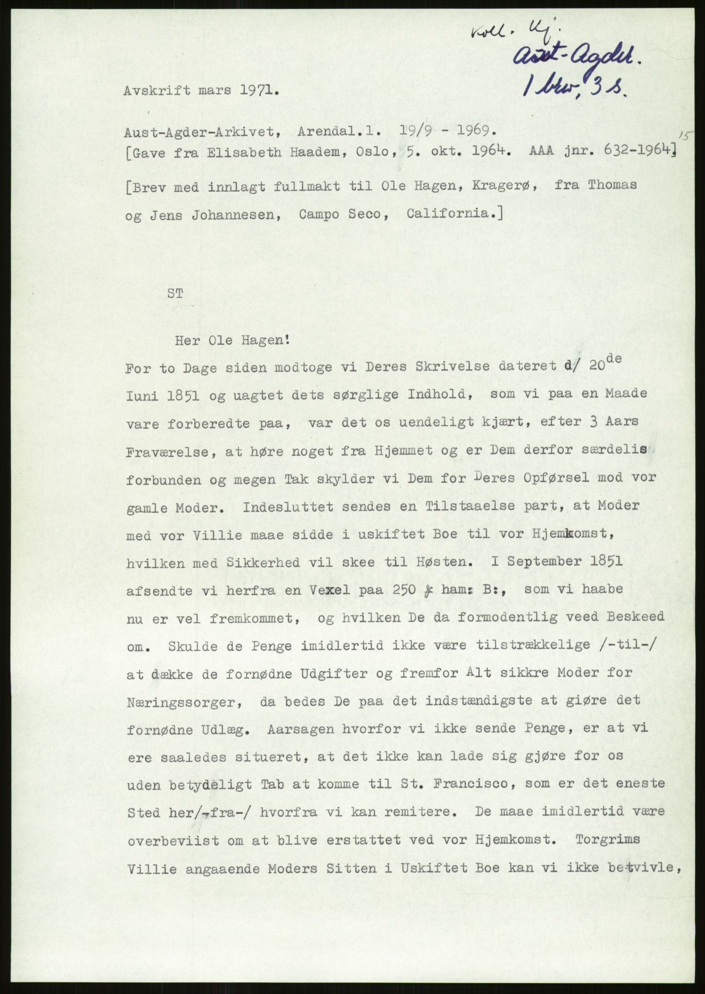 Samlinger til kildeutgivelse, Amerikabrevene, RA/EA-4057/F/L0026: Innlån fra Aust-Agder: Aust-Agder-Arkivet - Erickson, 1838-1914, p. 465