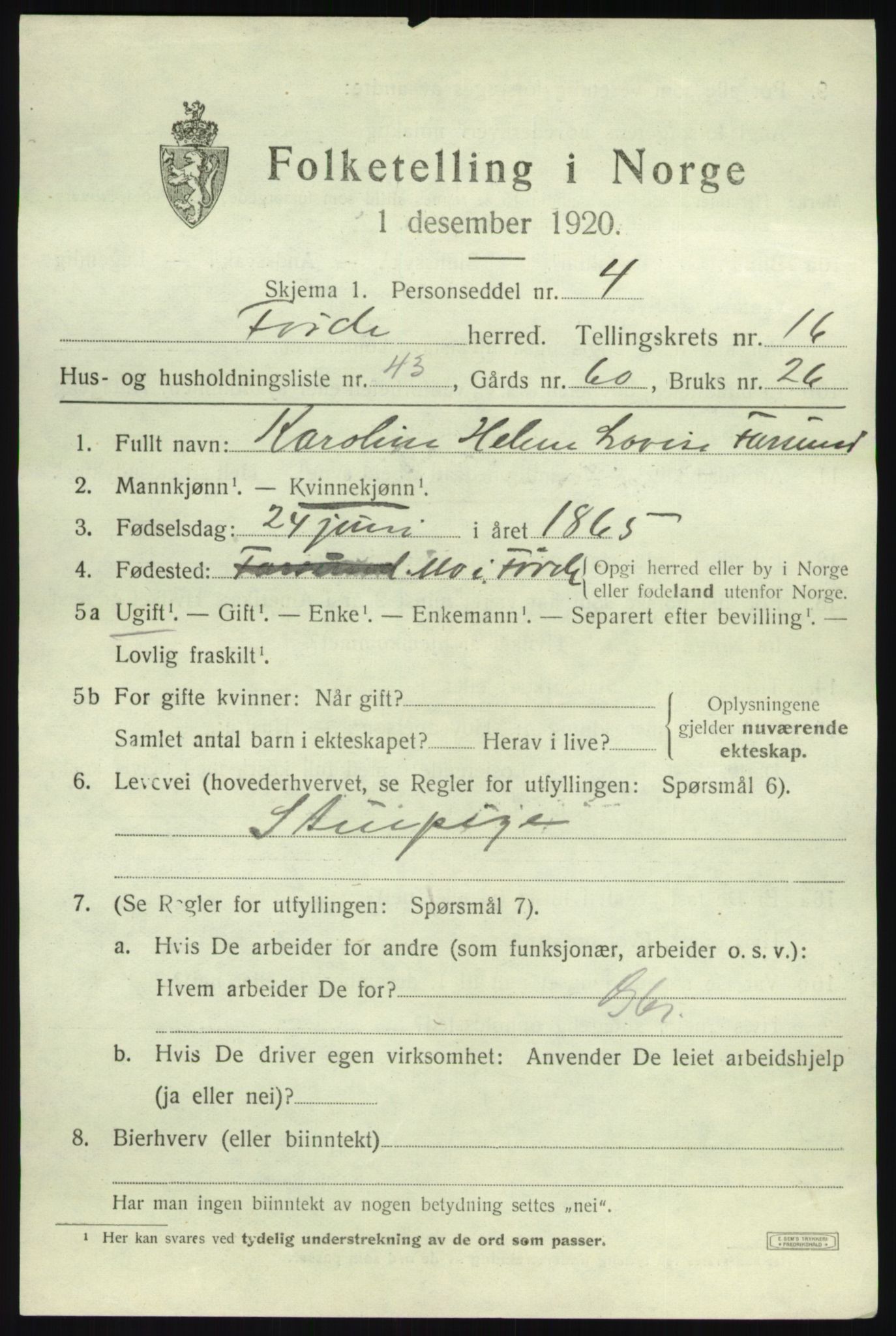 SAB, 1920 census for Førde, 1920, p. 5744