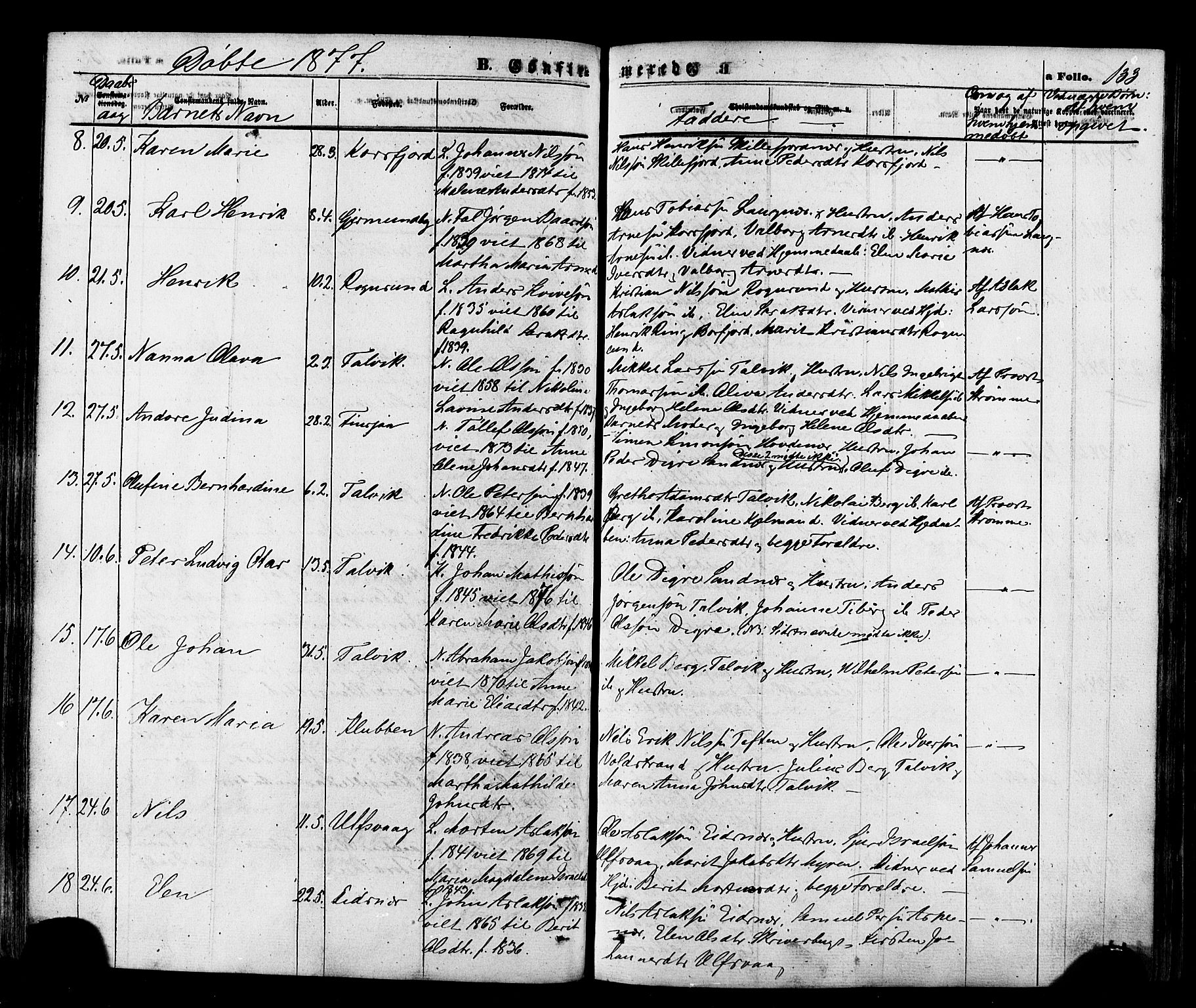 Talvik sokneprestkontor, SATØ/S-1337/H/Ha/L0011kirke: Parish register (official) no. 11, 1864-1877, p. 133