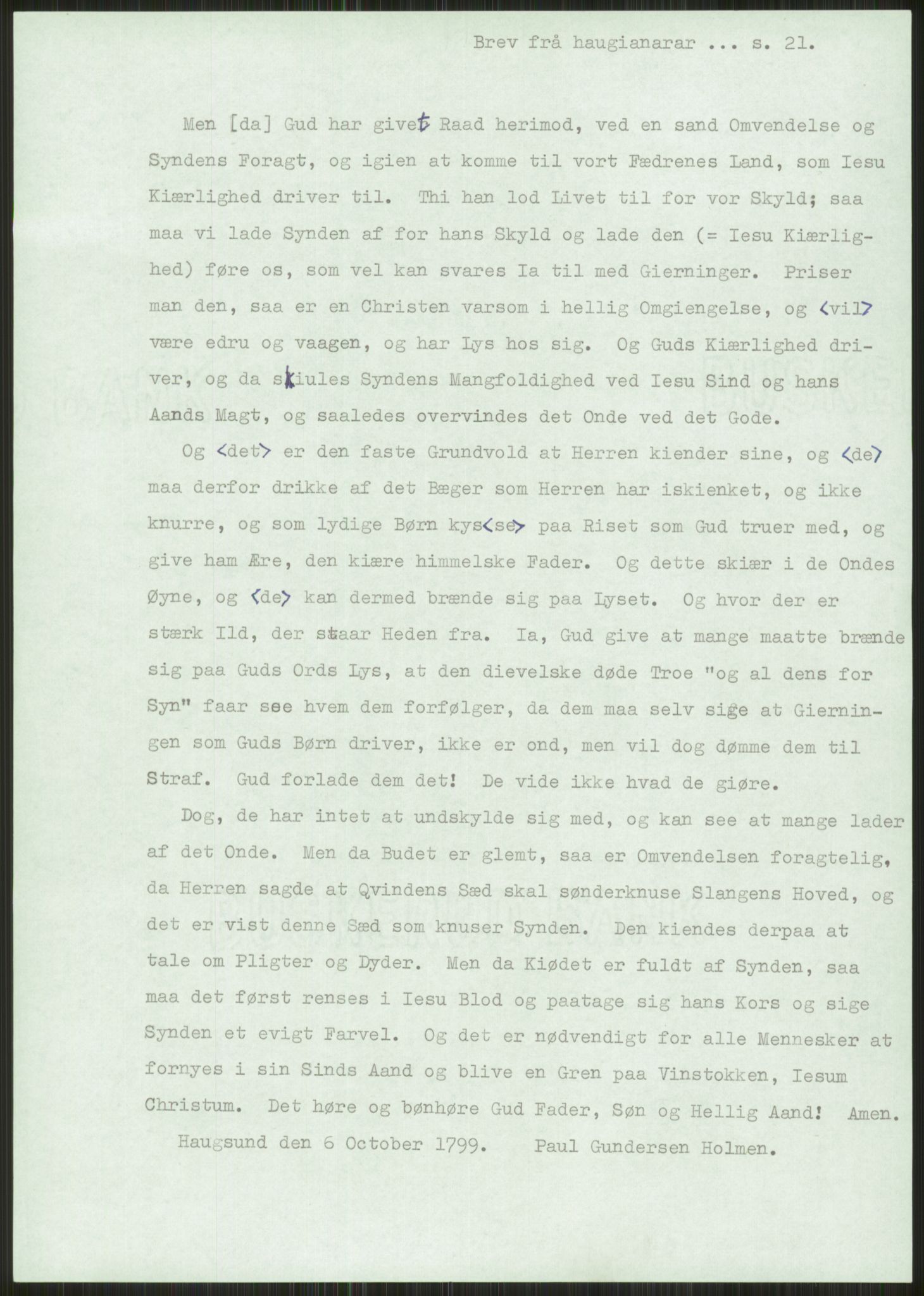 Samlinger til kildeutgivelse, Haugianerbrev, AV/RA-EA-6834/F/L0001: Haugianerbrev I: 1760-1804, 1760-1804, p. 21