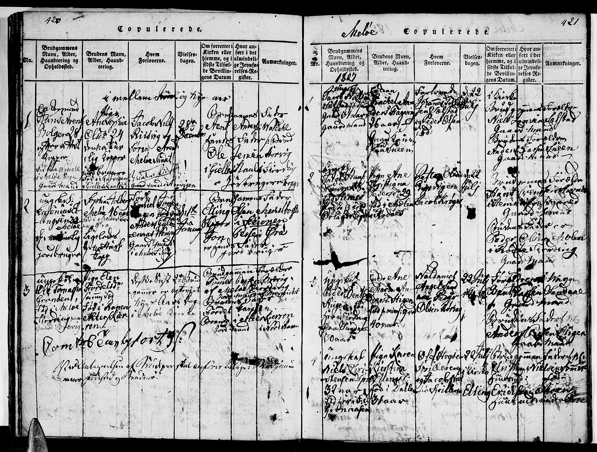 Ministerialprotokoller, klokkerbøker og fødselsregistre - Nordland, AV/SAT-A-1459/841/L0617: Parish register (copy) no. 841C01 /2, 1820-1830, p. 420-421