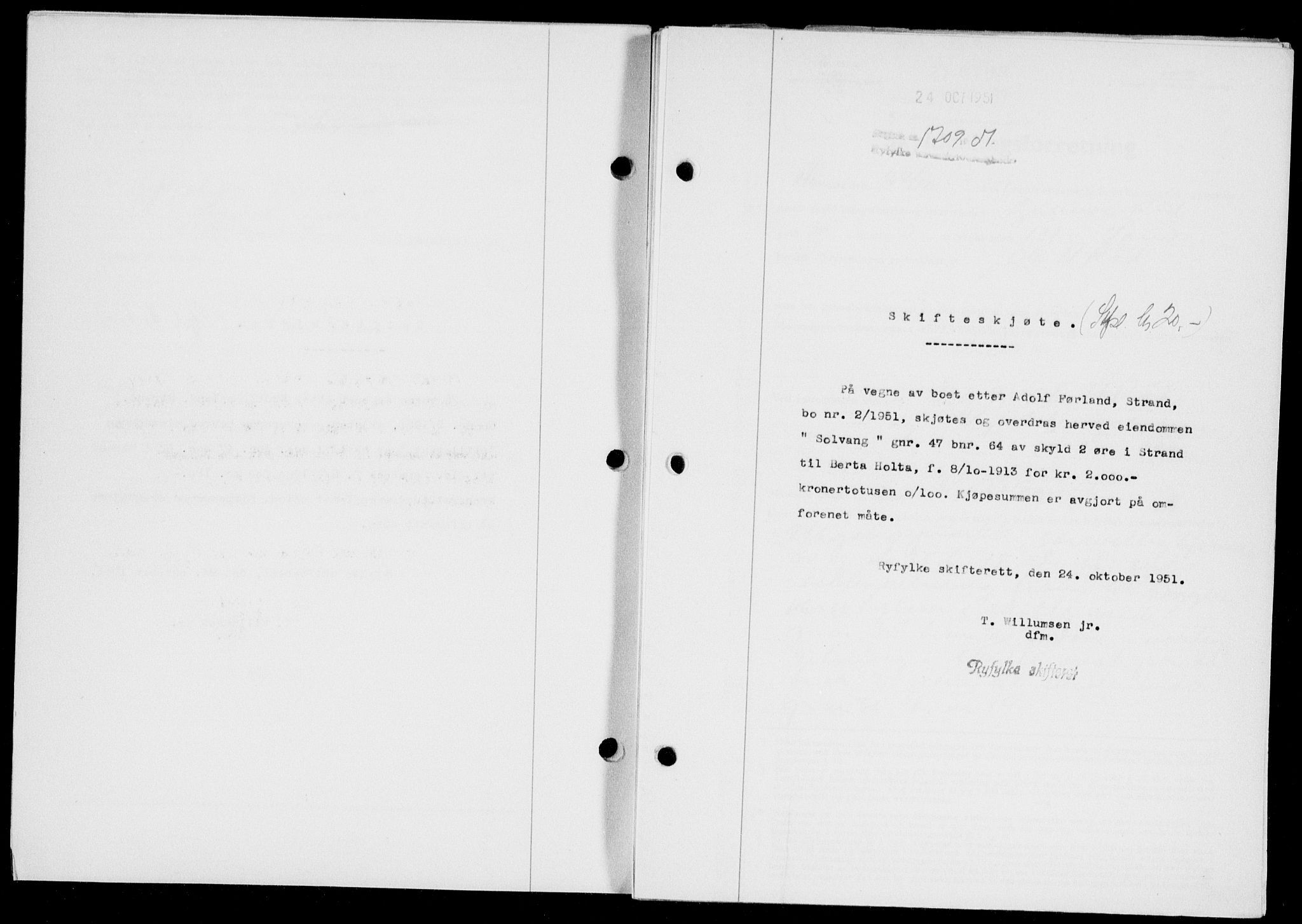 Ryfylke tingrett, SAST/A-100055/001/II/IIB/L0114: Mortgage book no. 93, 1951-1951, Diary no: : 1709/1951