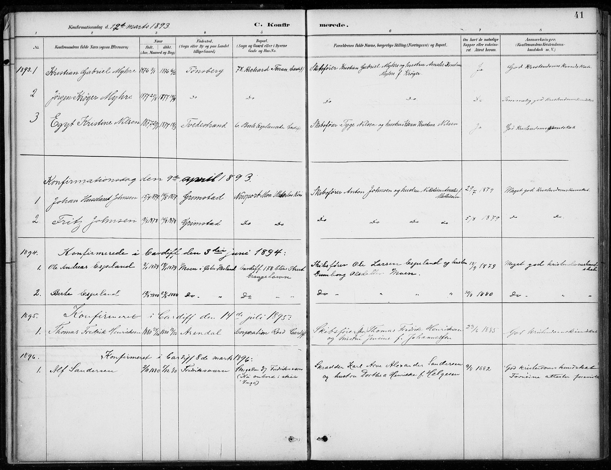 Den norske sjømannsmisjon i utlandet/Bristolhavnene(Cardiff-Swansea), SAB/SAB/PA-0102/H/Ha/Haa/L0002: Parish register (official) no. A 2, 1887-1932, p. 41