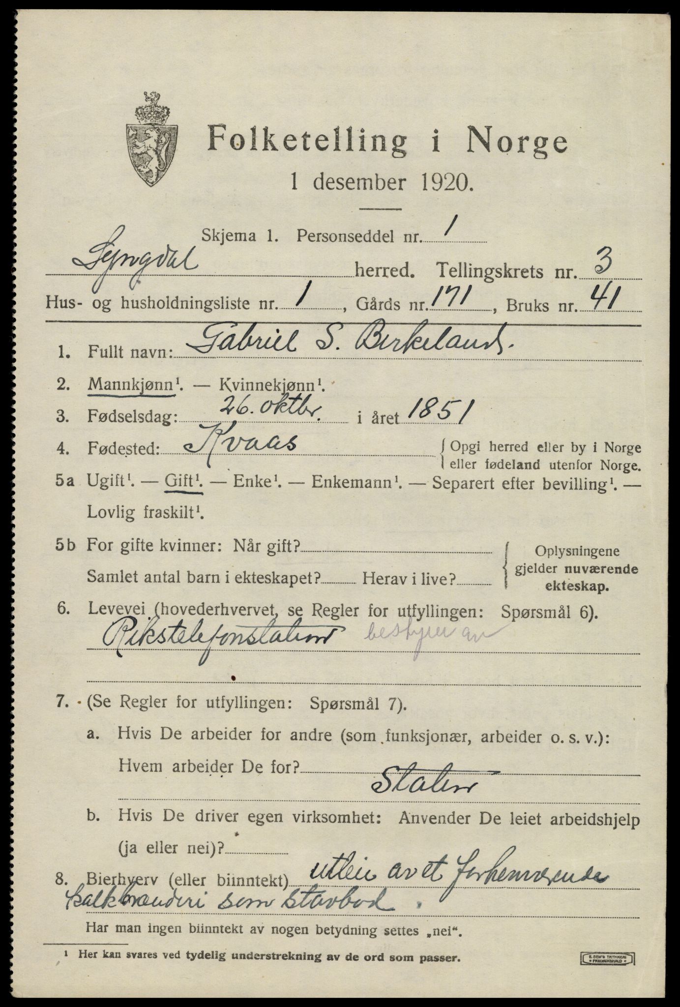 SAK, 1920 census for Lyngdal, 1920, p. 1915