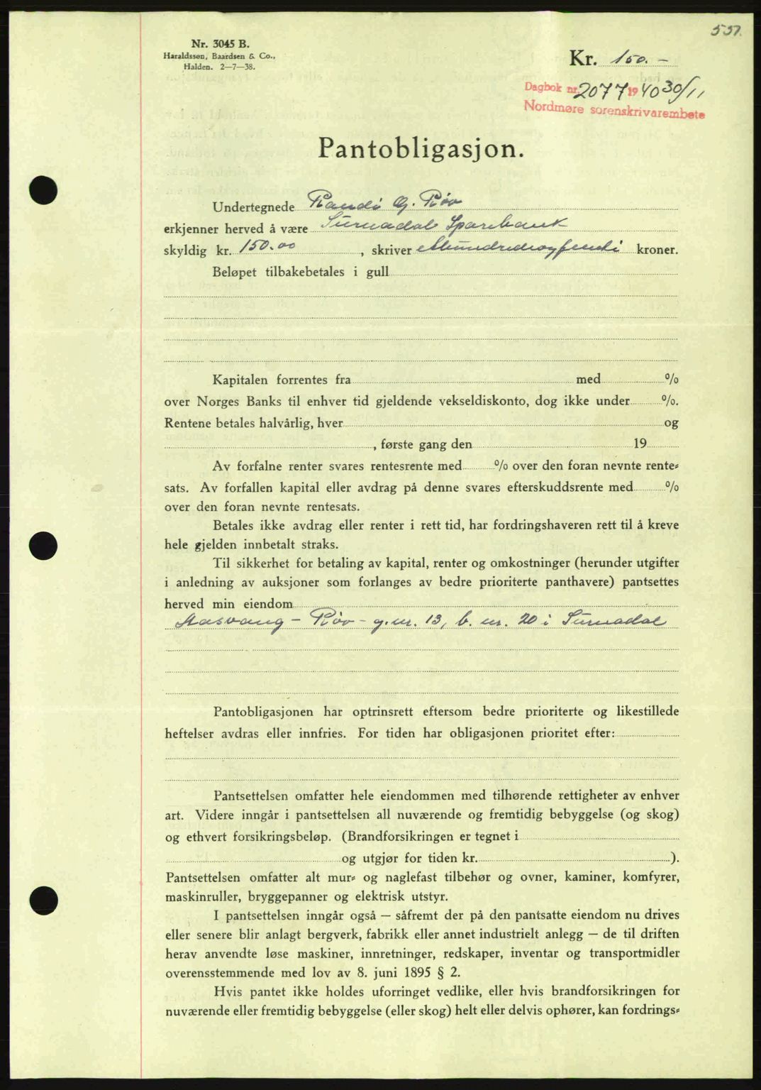 Nordmøre sorenskriveri, AV/SAT-A-4132/1/2/2Ca: Mortgage book no. B87, 1940-1941, Diary no: : 2077/1940