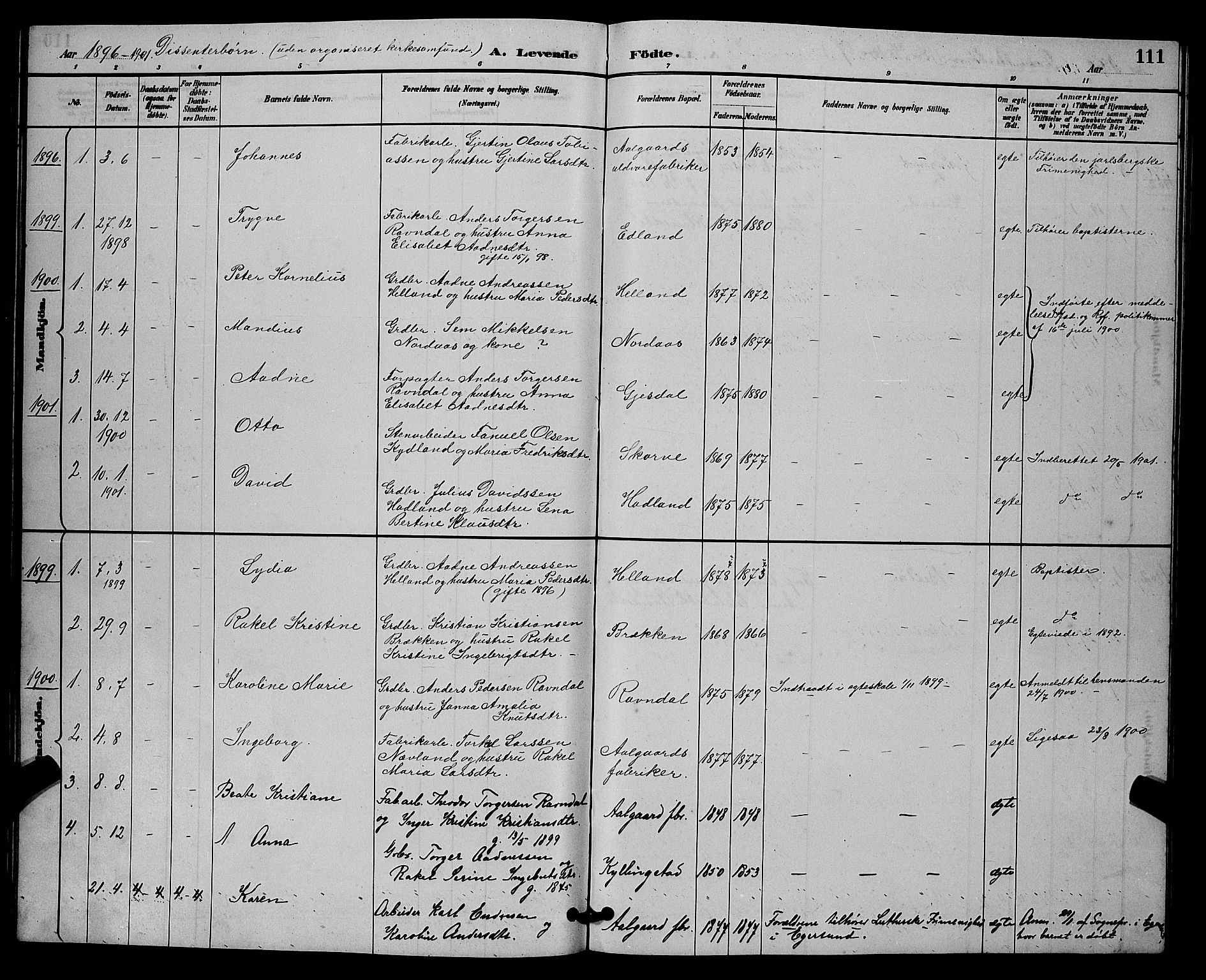 Lye sokneprestkontor, SAST/A-101794/001/30BB/L0008: Parish register (copy) no. B 7, 1887-1901, p. 111