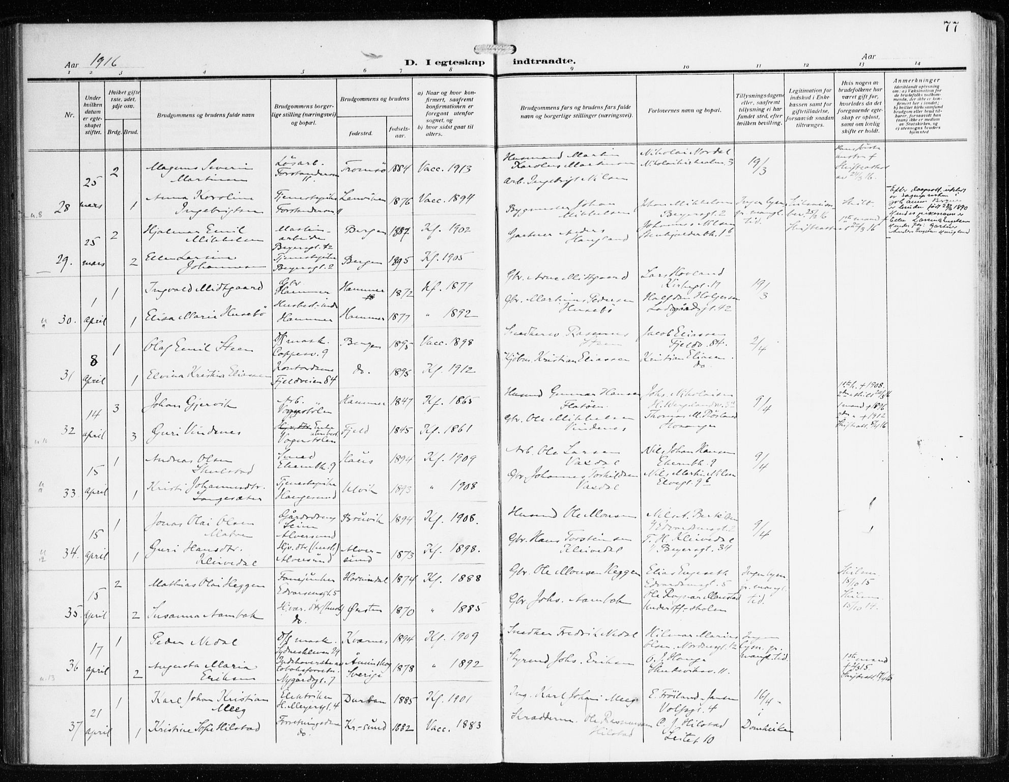 Sandviken Sokneprestembete, AV/SAB-A-77601/H/Ha/L0015: Parish register (official) no. D 2, 1911-1923, p. 77