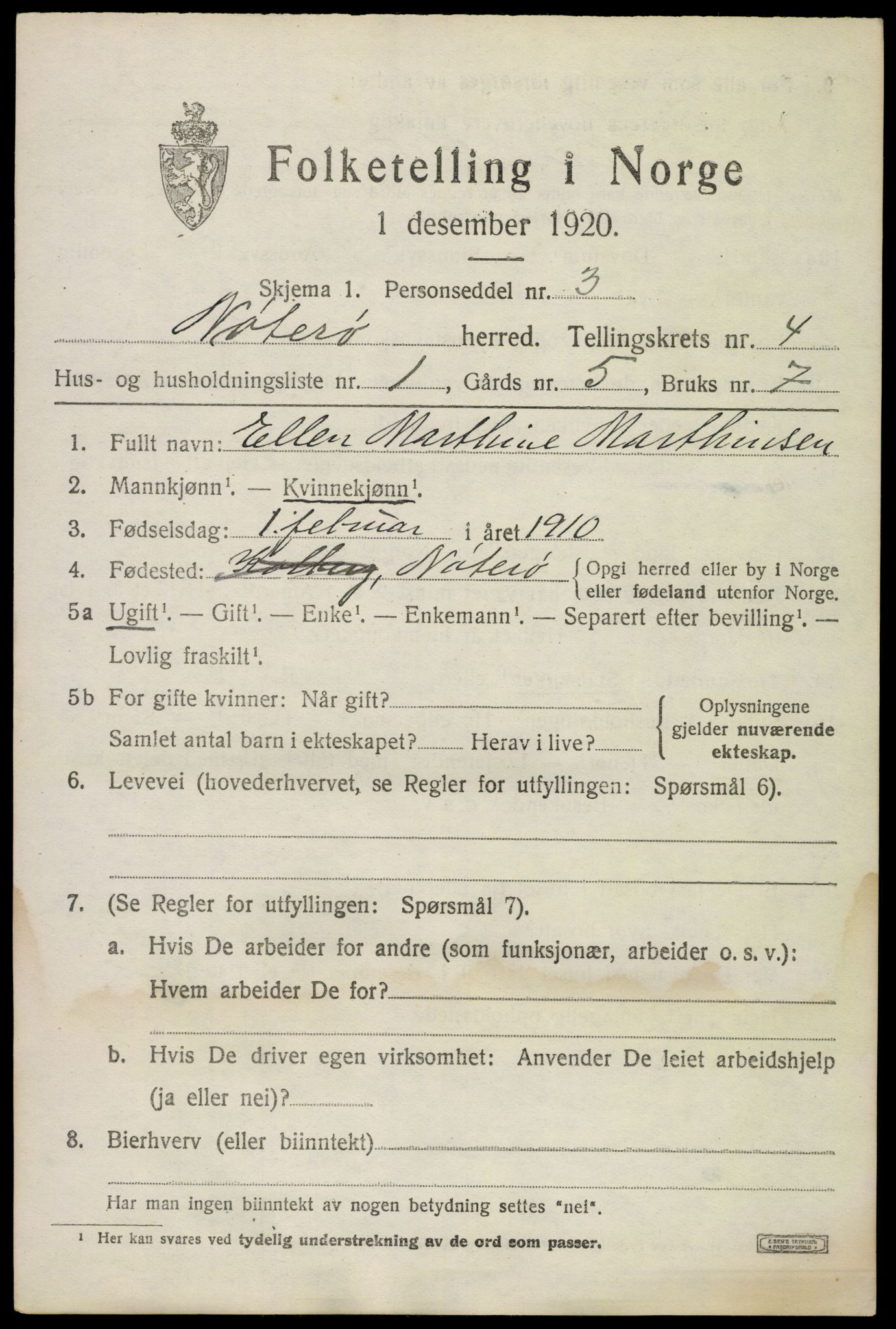 SAKO, 1920 census for Nøtterøy, 1920, p. 6663