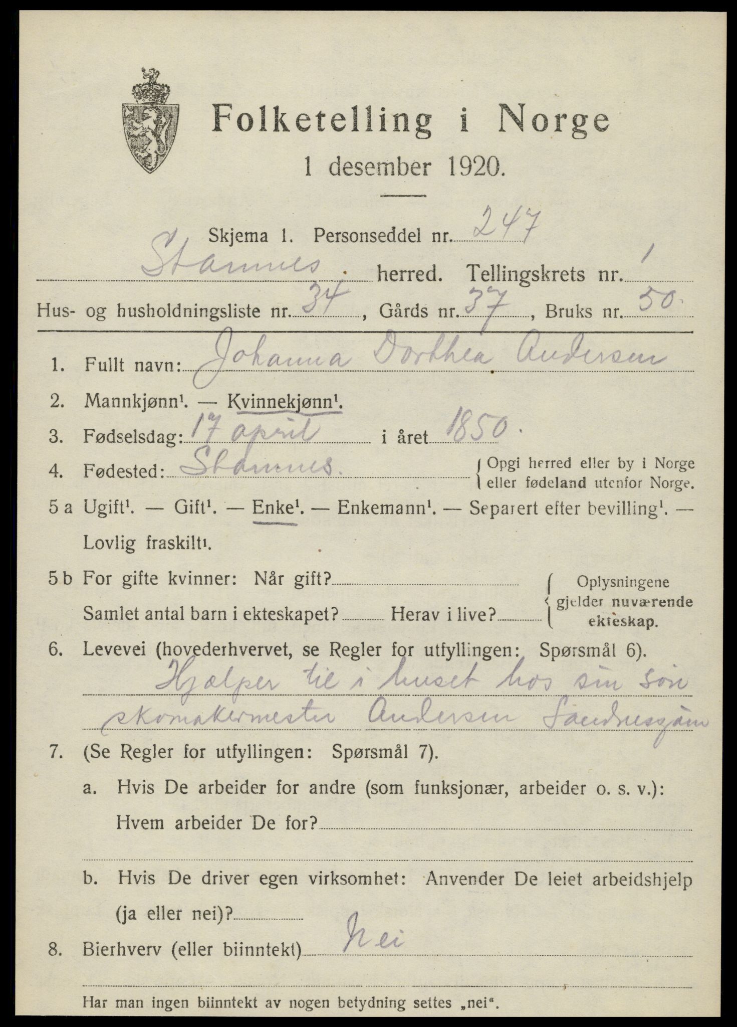 SAT, 1920 census for Stamnes, 1920, p. 1060