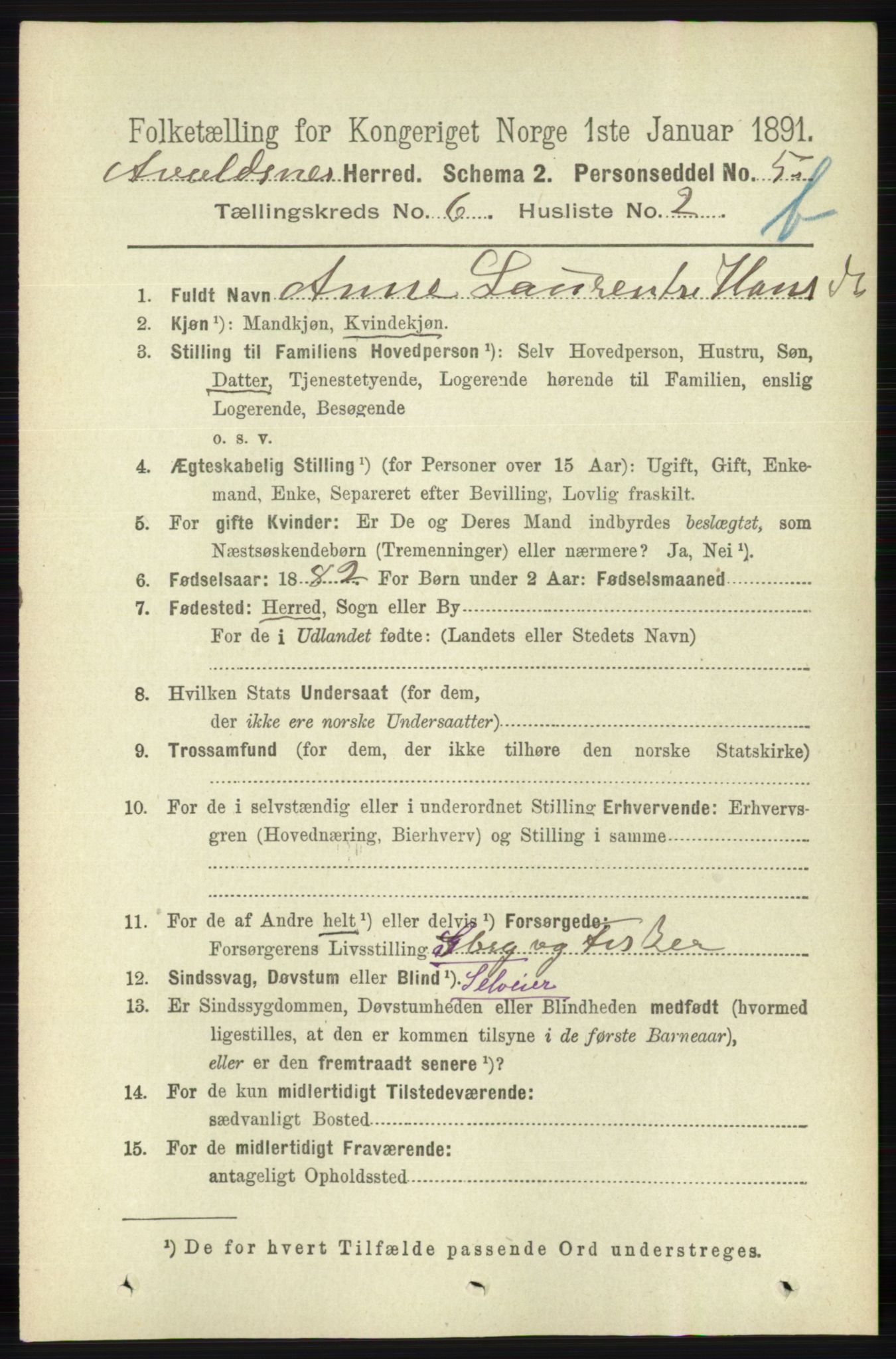 RA, 1891 census for 1147 Avaldsnes, 1891, p. 3243