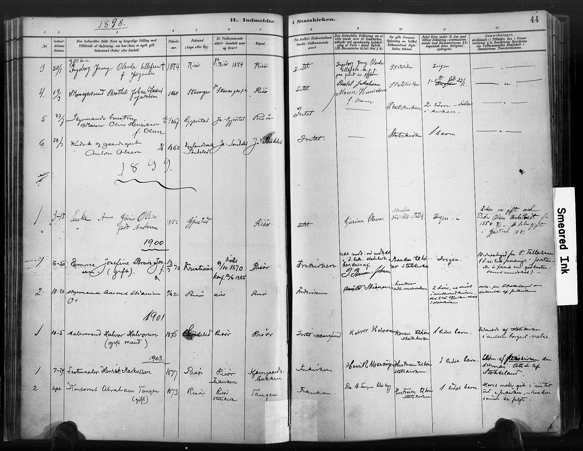 Risør sokneprestkontor, SAK/1111-0035/F/Fa/L0006: Parish register (official) no. A 6, 1883-1908, p. 44