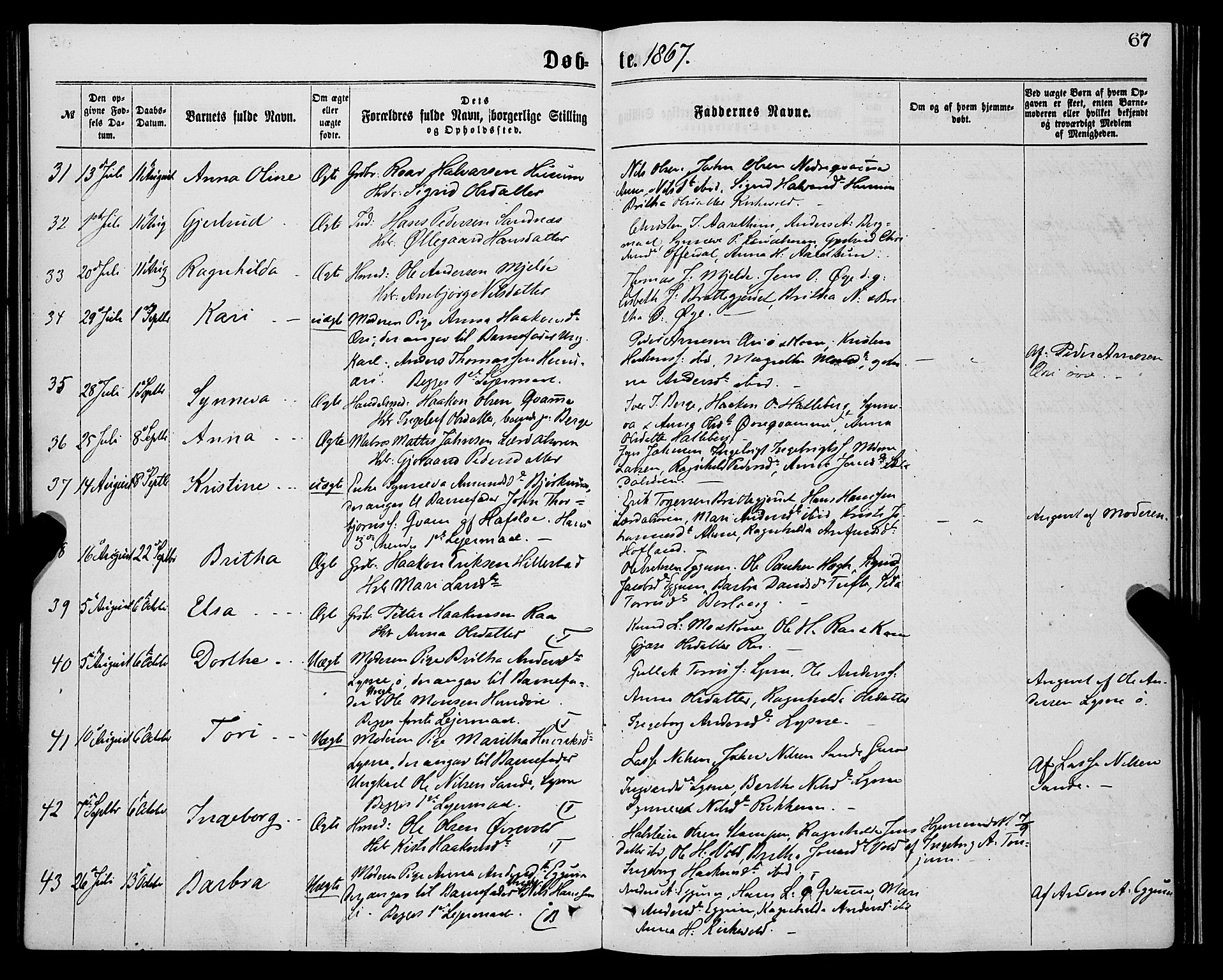 Lærdal sokneprestembete, SAB/A-81201: Parish register (official) no. A 12, 1867-1877, p. 67