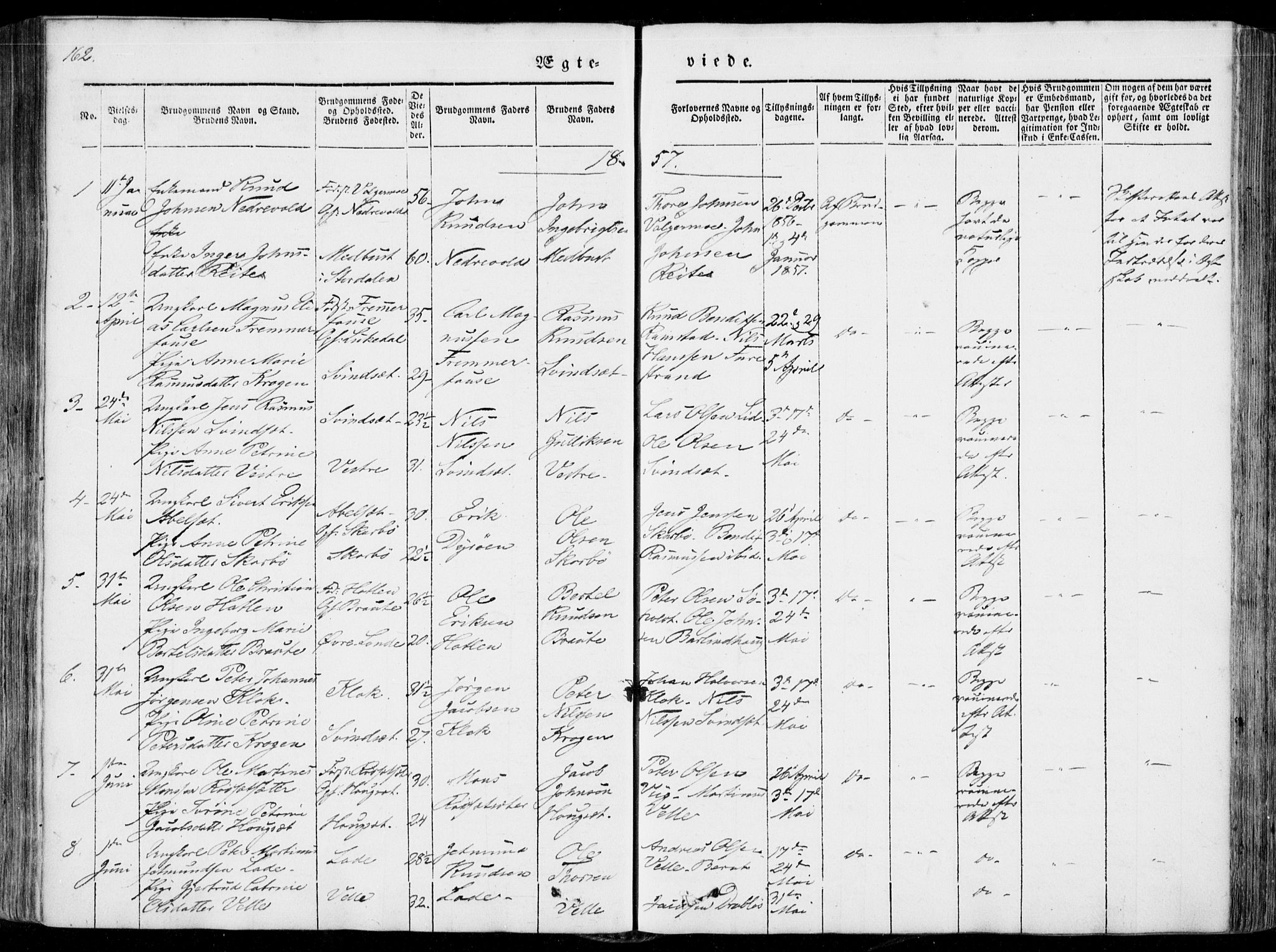 Ministerialprotokoller, klokkerbøker og fødselsregistre - Møre og Romsdal, SAT/A-1454/522/L0313: Parish register (official) no. 522A08, 1852-1862, p. 162