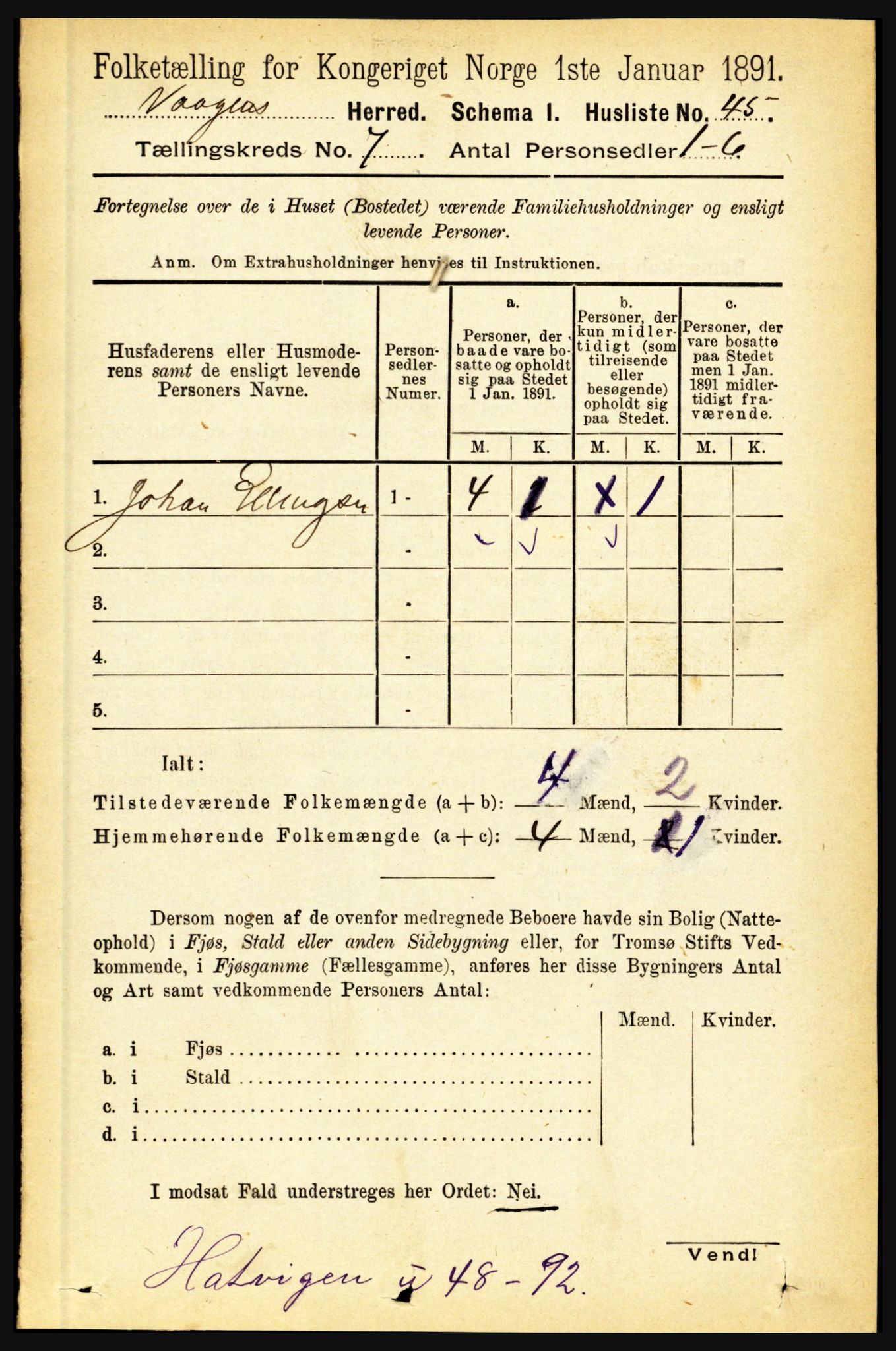 RA, 1891 census for 1865 Vågan, 1891, p. 1807