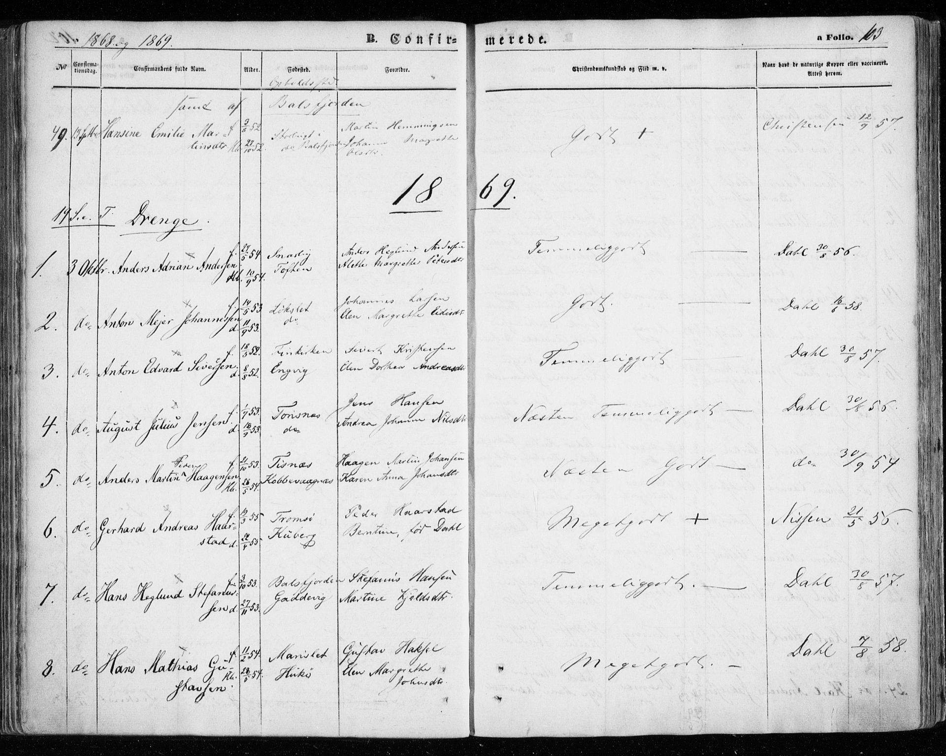 Tromsøysund sokneprestkontor, SATØ/S-1304/G/Ga/L0002kirke: Parish register (official) no. 2, 1867-1875, p. 103