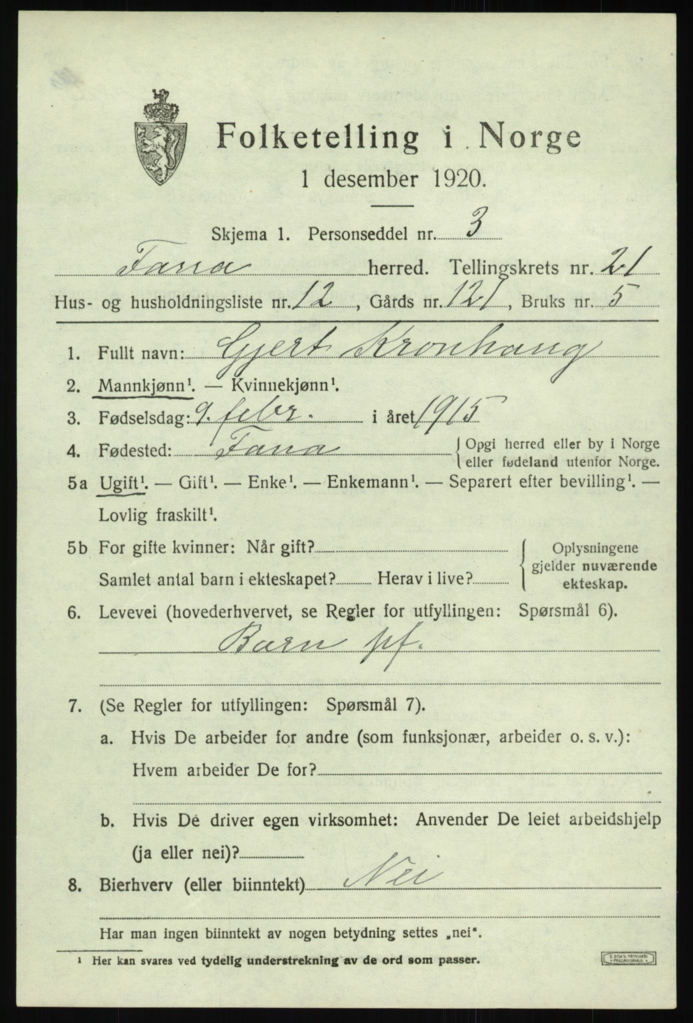 SAB, 1920 census for Fana, 1920, p. 24809