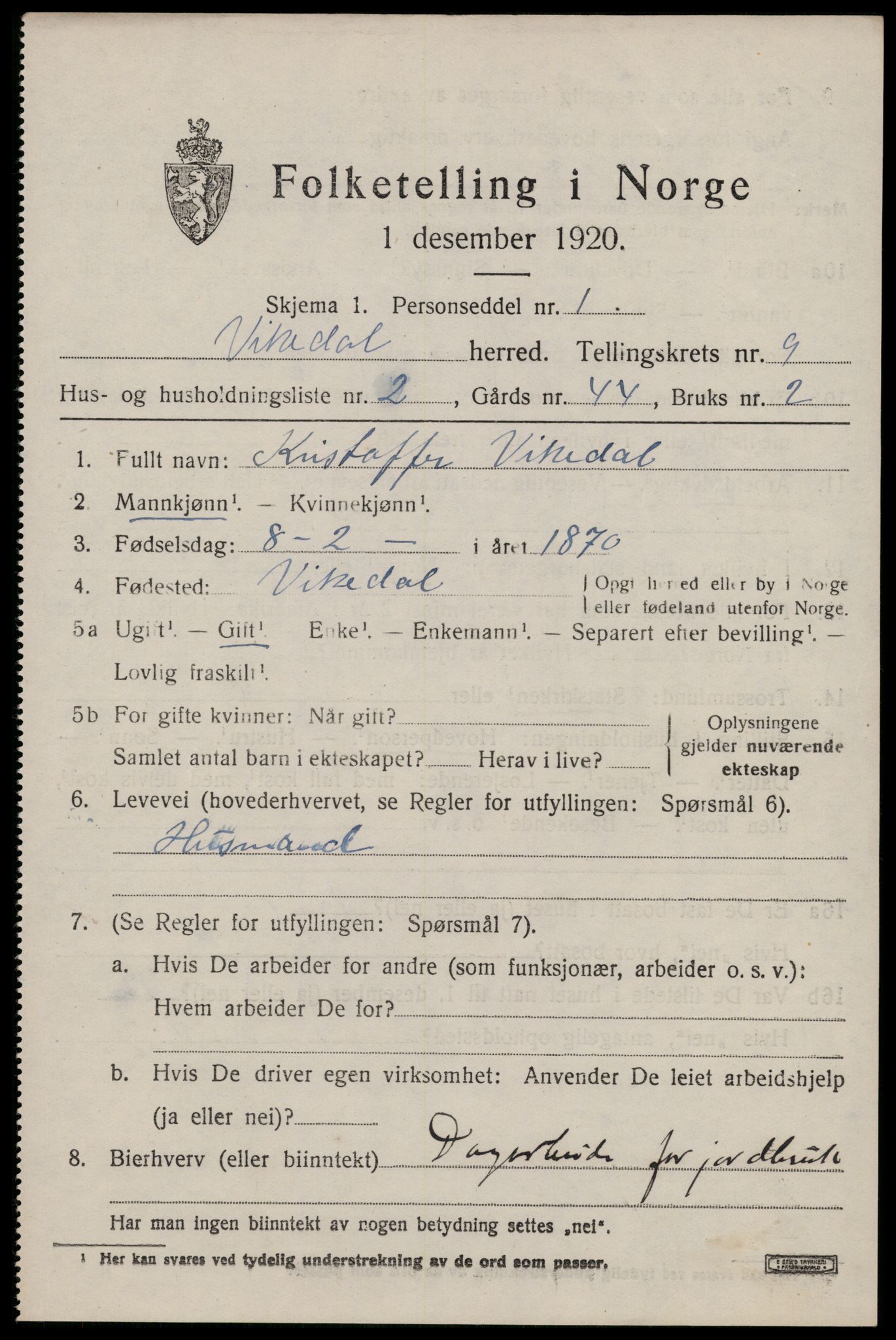 SAST, 1920 census for Vikedal, 1920, p. 2931