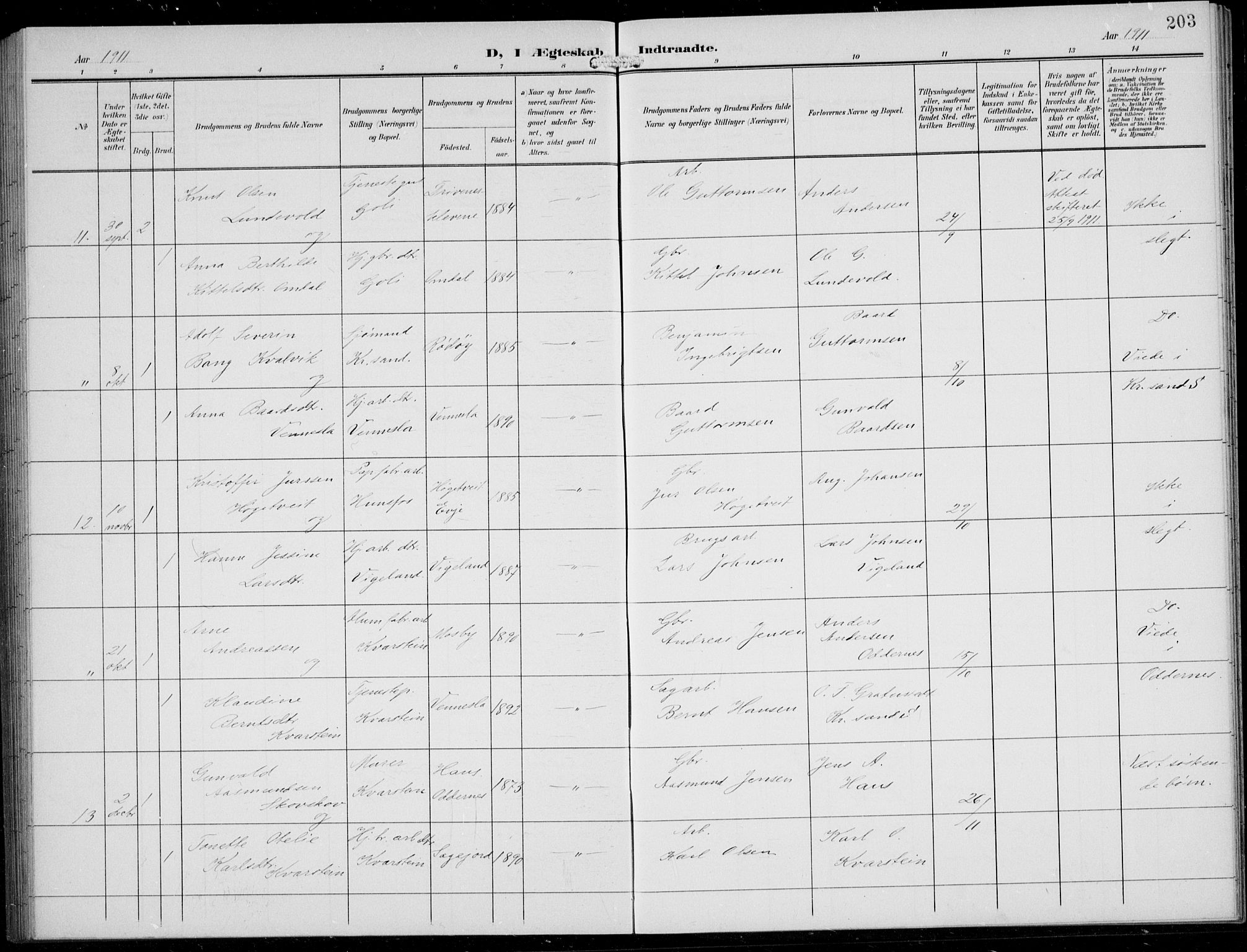 Vennesla sokneprestkontor, AV/SAK-1111-0045/Fb/Fbb/L0005: Parish register (copy) no. B 5, 1903-1913, p. 203