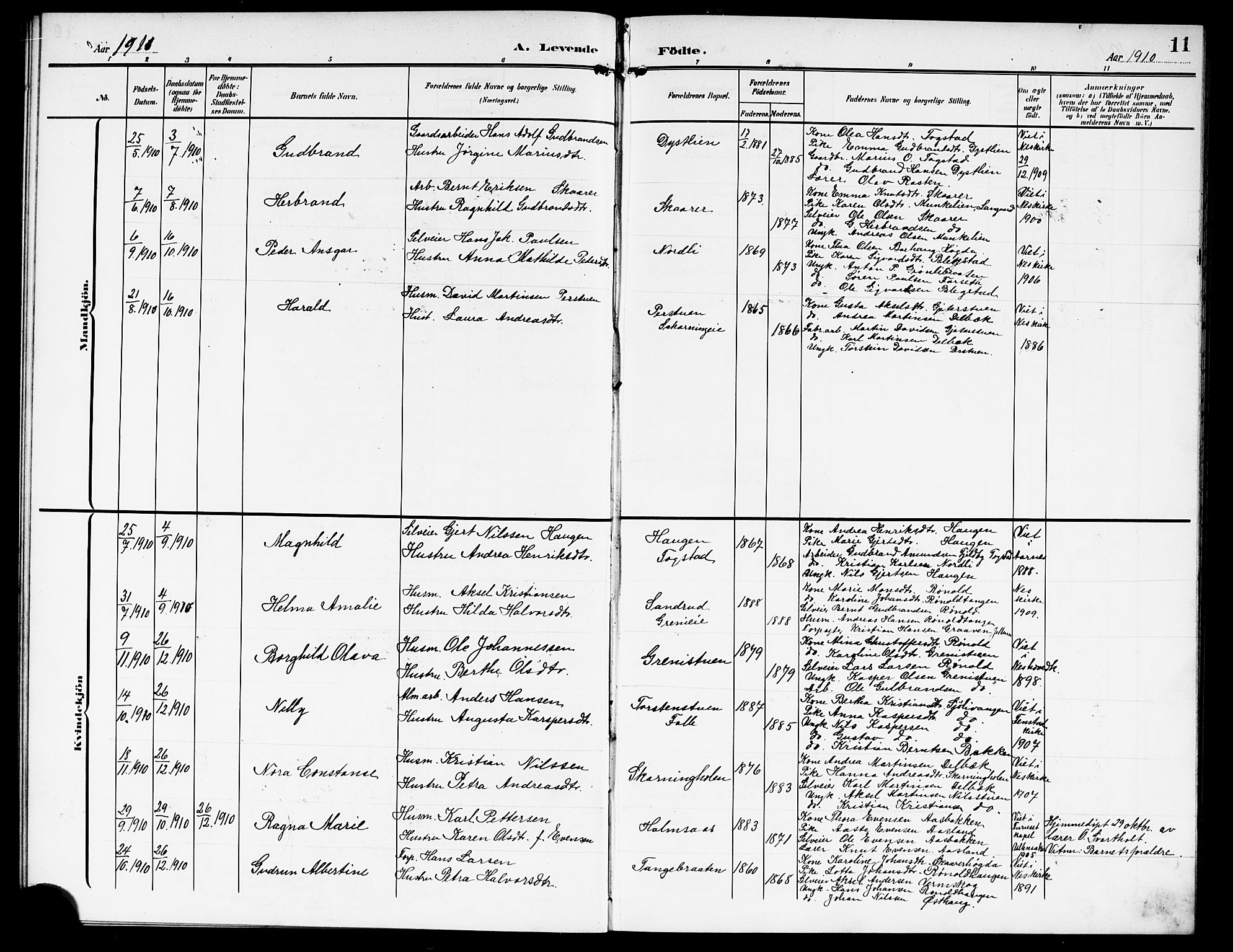 Nes prestekontor Kirkebøker, AV/SAO-A-10410/G/Gd/L0001: Parish register (copy) no. IV 1, 1907-1922, p. 11