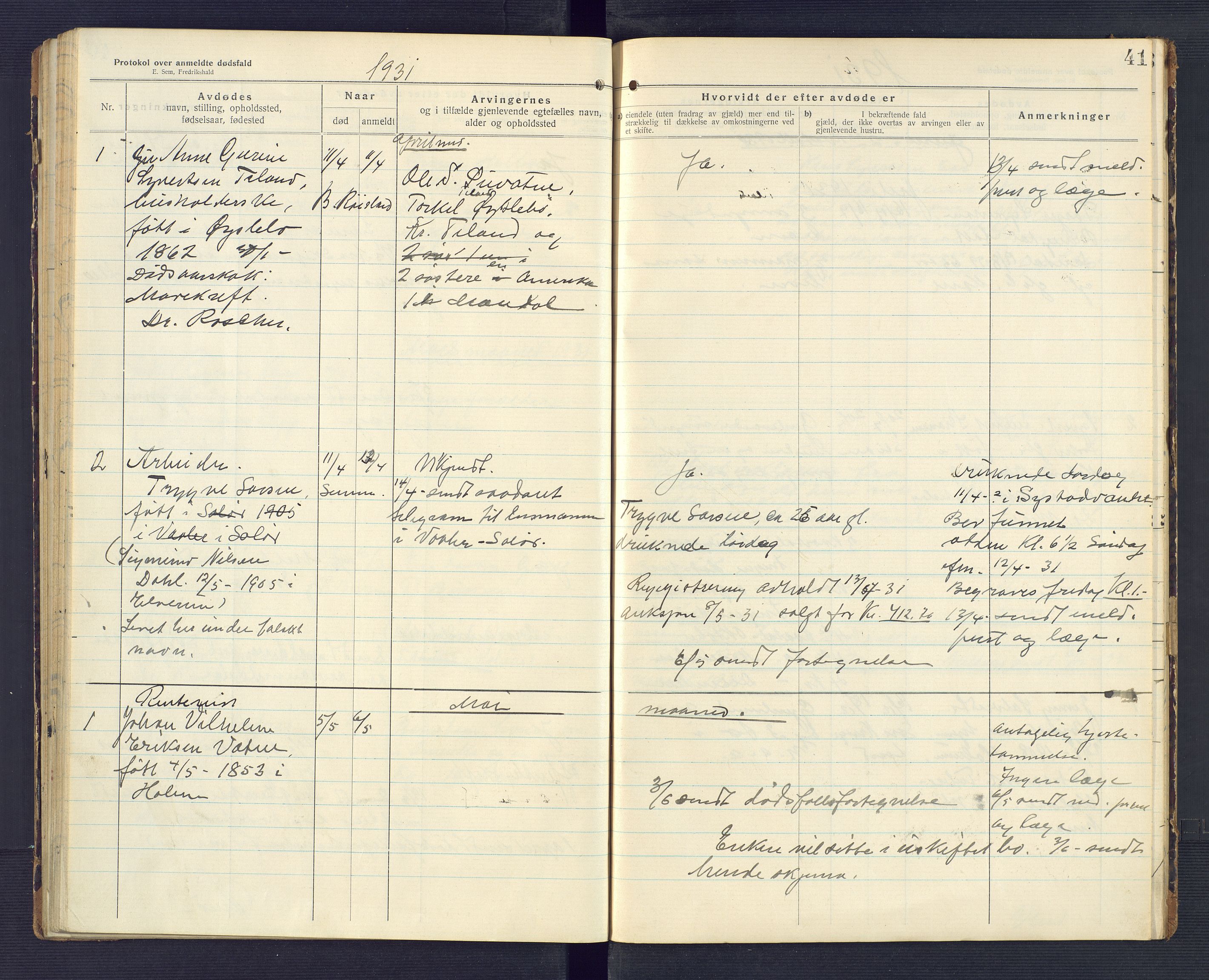 Holum lensmannskontor, AV/SAK-1241-0022/F/Fe/L0002: Anmeldte dødsfall nr 22, 1922-1932, p. 41