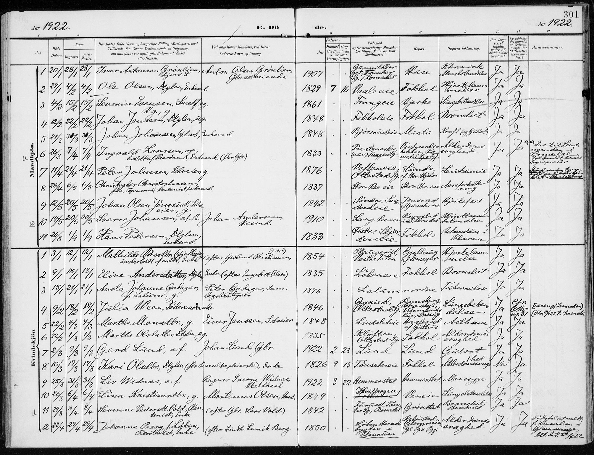 Stange prestekontor, AV/SAH-PREST-002/K/L0024: Parish register (official) no. 24, 1906-1922, p. 301