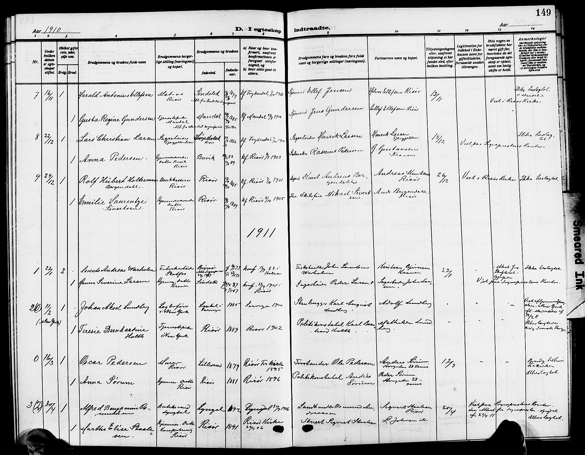 Risør sokneprestkontor, SAK/1111-0035/F/Fb/L0008: Parish register (copy) no. B 8, 1909-1921, p. 149