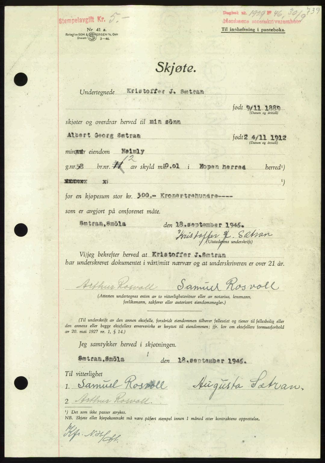 Nordmøre sorenskriveri, AV/SAT-A-4132/1/2/2Ca: Mortgage book no. A102, 1946-1946, Diary no: : 1929/1946