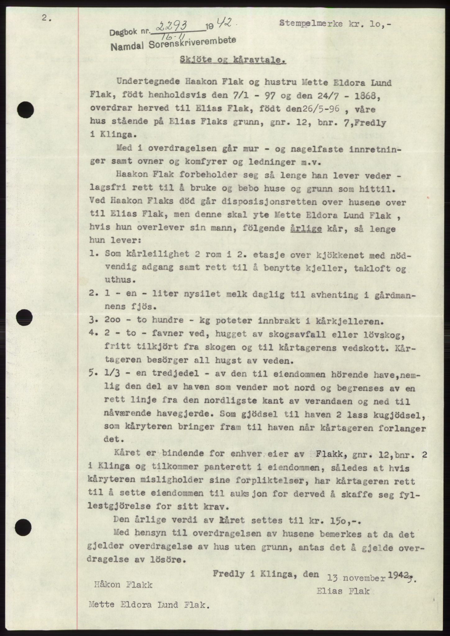 Namdal sorenskriveri, SAT/A-4133/1/2/2C: Mortgage book no. -, 1942-1943, Diary no: : 2293/1942