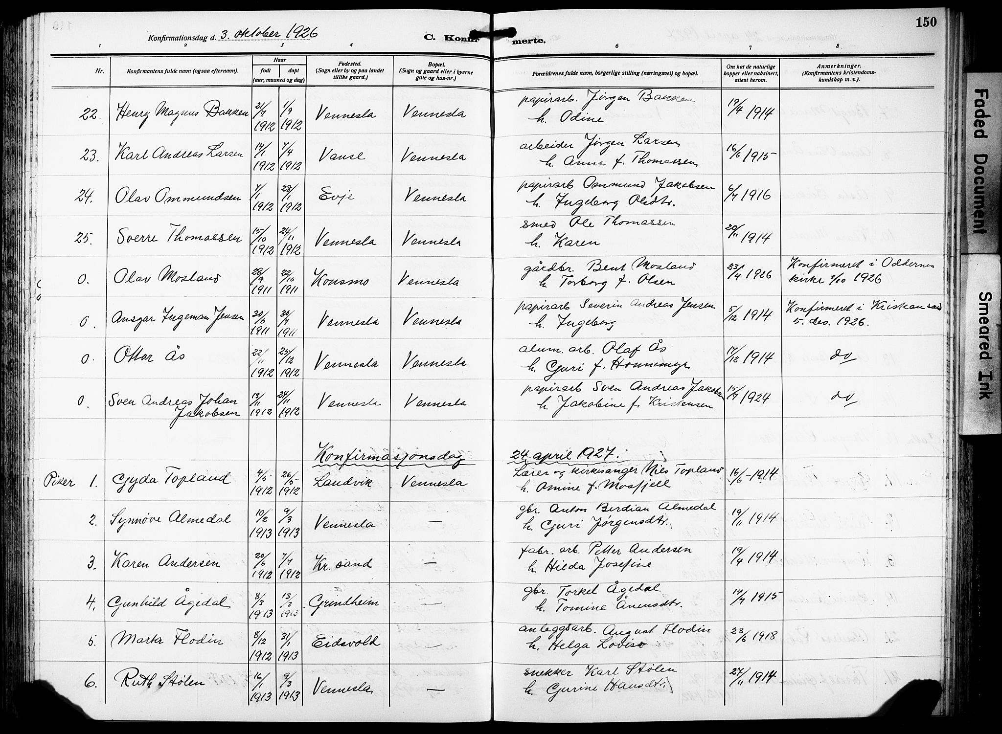 Vennesla sokneprestkontor, SAK/1111-0045/Fb/Fbb/L0007: Parish register (copy) no. B 7, 1922-1933, p. 150