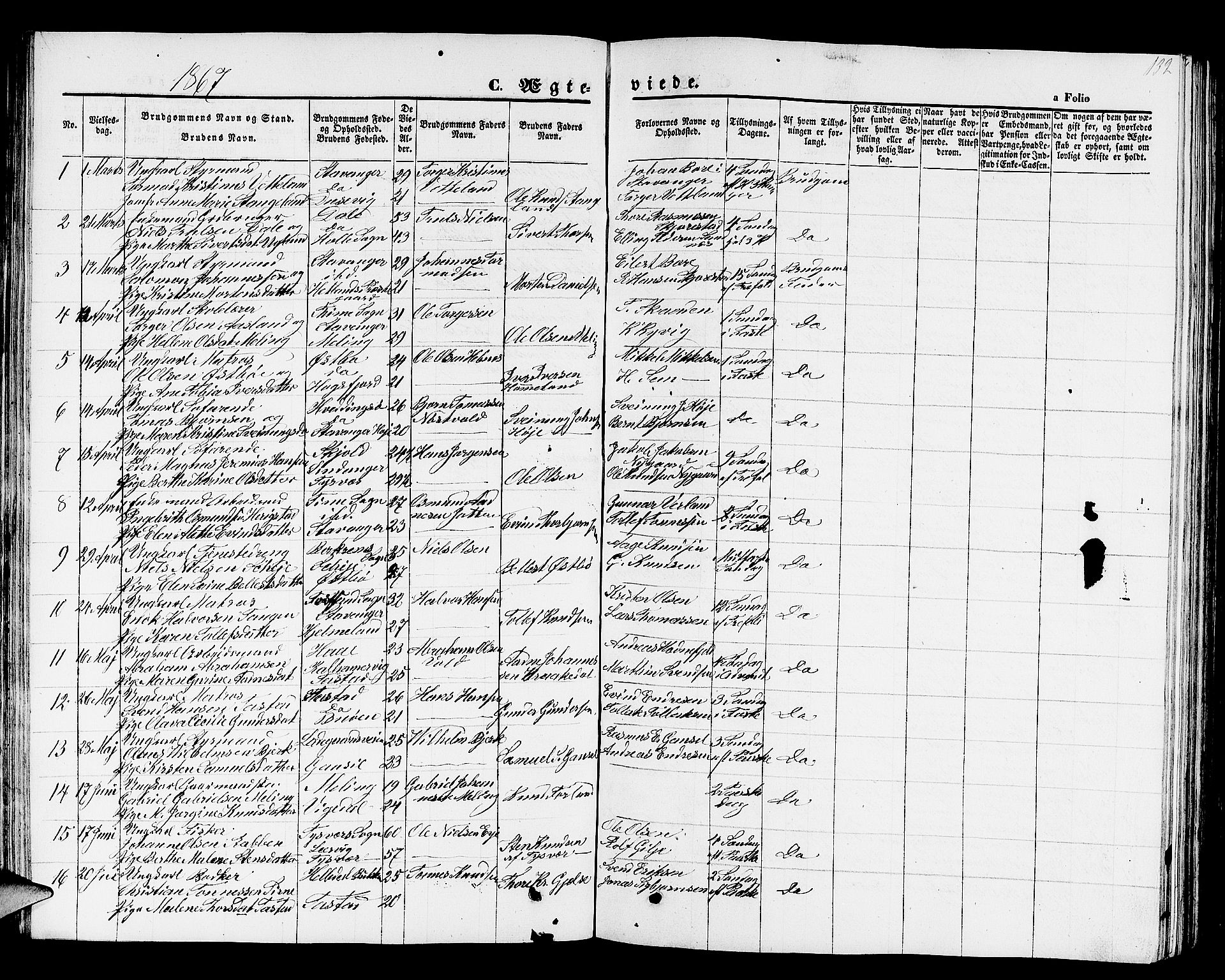 Hetland sokneprestkontor, SAST/A-101826/30/30BB/L0001: Parish register (copy) no. B 1, 1850-1868, p. 132