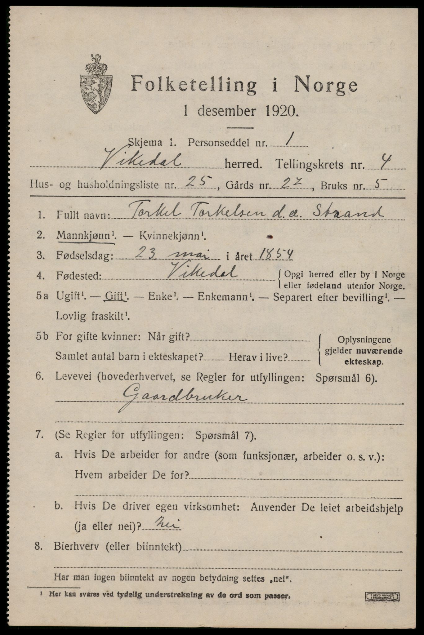 SAST, 1920 census for Vikedal, 1920, p. 2269