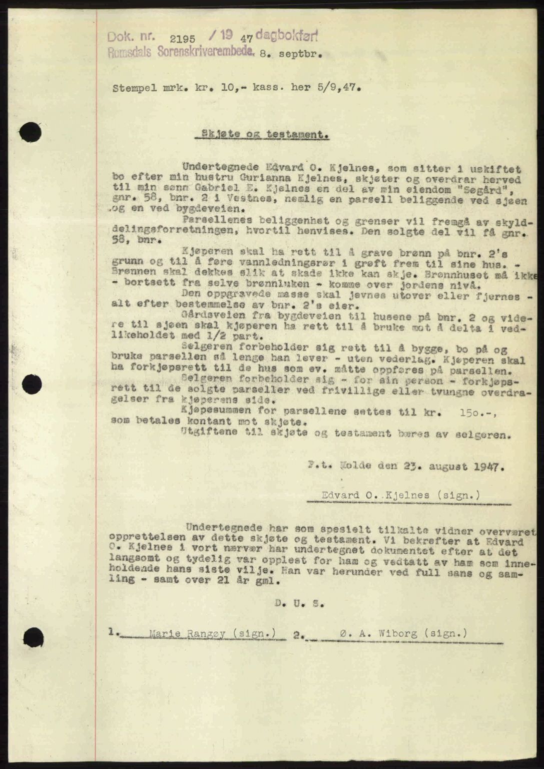 Romsdal sorenskriveri, SAT/A-4149/1/2/2C: Mortgage book no. A24, 1947-1947, Diary no: : 2195/1947