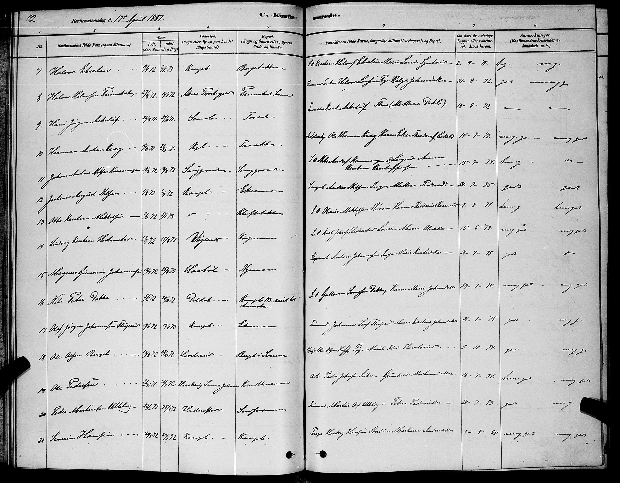 Kongsberg kirkebøker, SAKO/A-22/G/Ga/L0005: Parish register (copy) no. 5, 1878-1889, p. 142