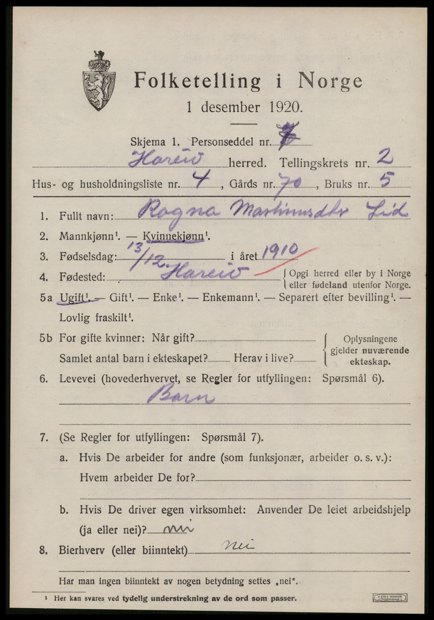 SAT, 1920 census for Hareid, 1920, p. 985