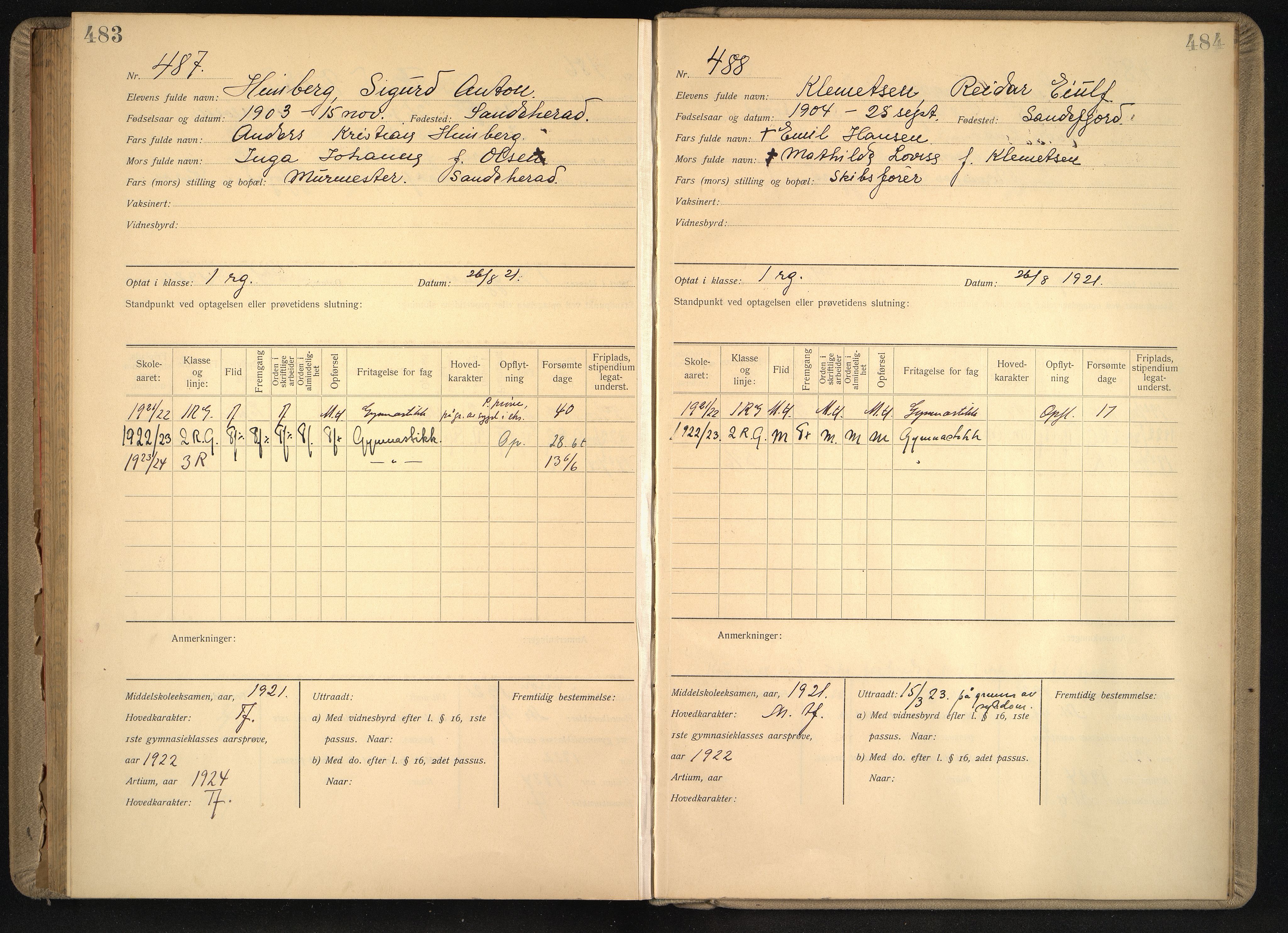 Vestfold fylkeskommune. Thor Heyerdahl videregående skole før 2004, VEMU/A-1120/G/L0009: Manntallsprotokoll med karakterer i orden og oppførsel, 1916-1921, p. 481-482