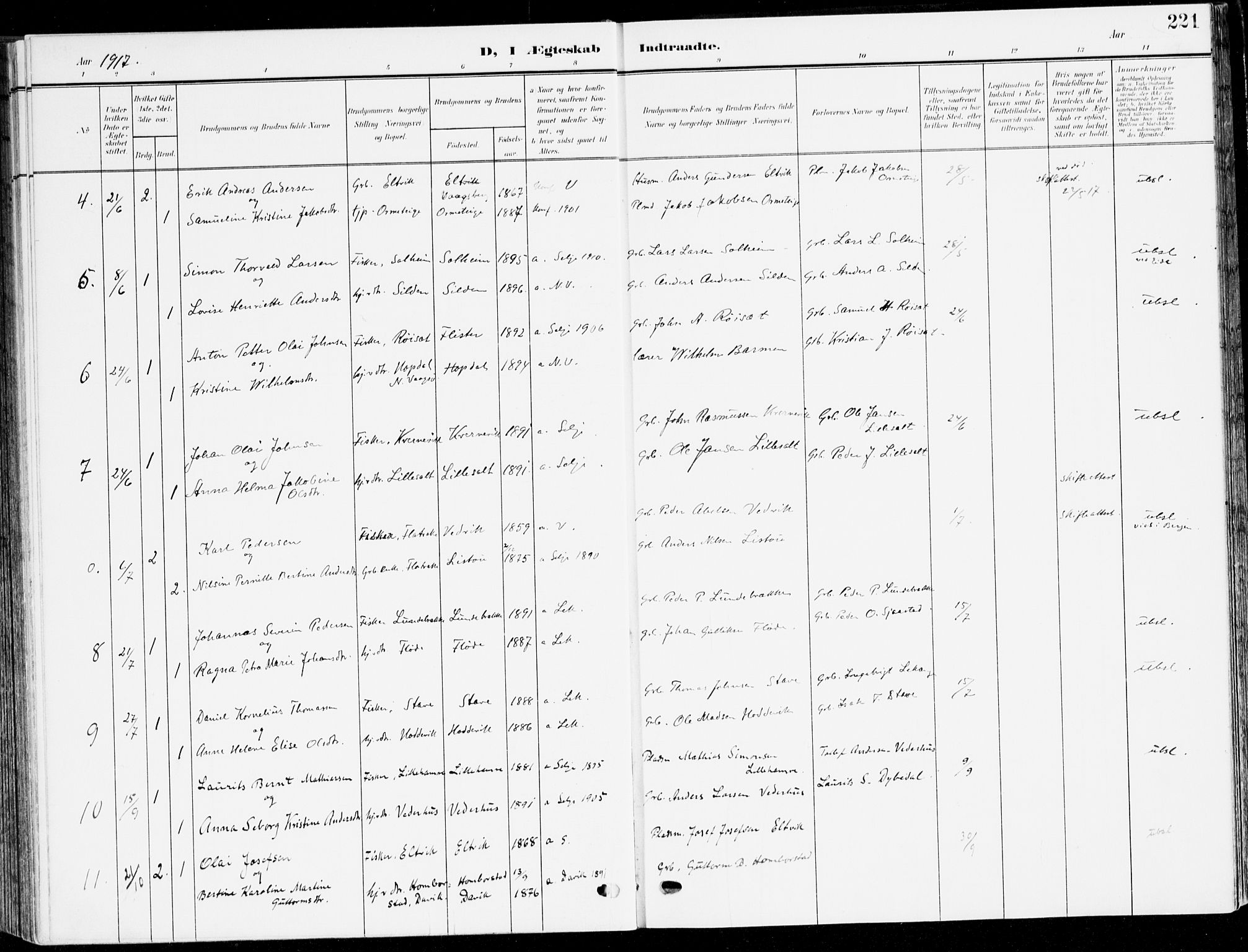 Selje sokneprestembete, AV/SAB-A-99938/H/Ha/Haa/Haab: Parish register (official) no. B 3, 1908-1923, p. 221