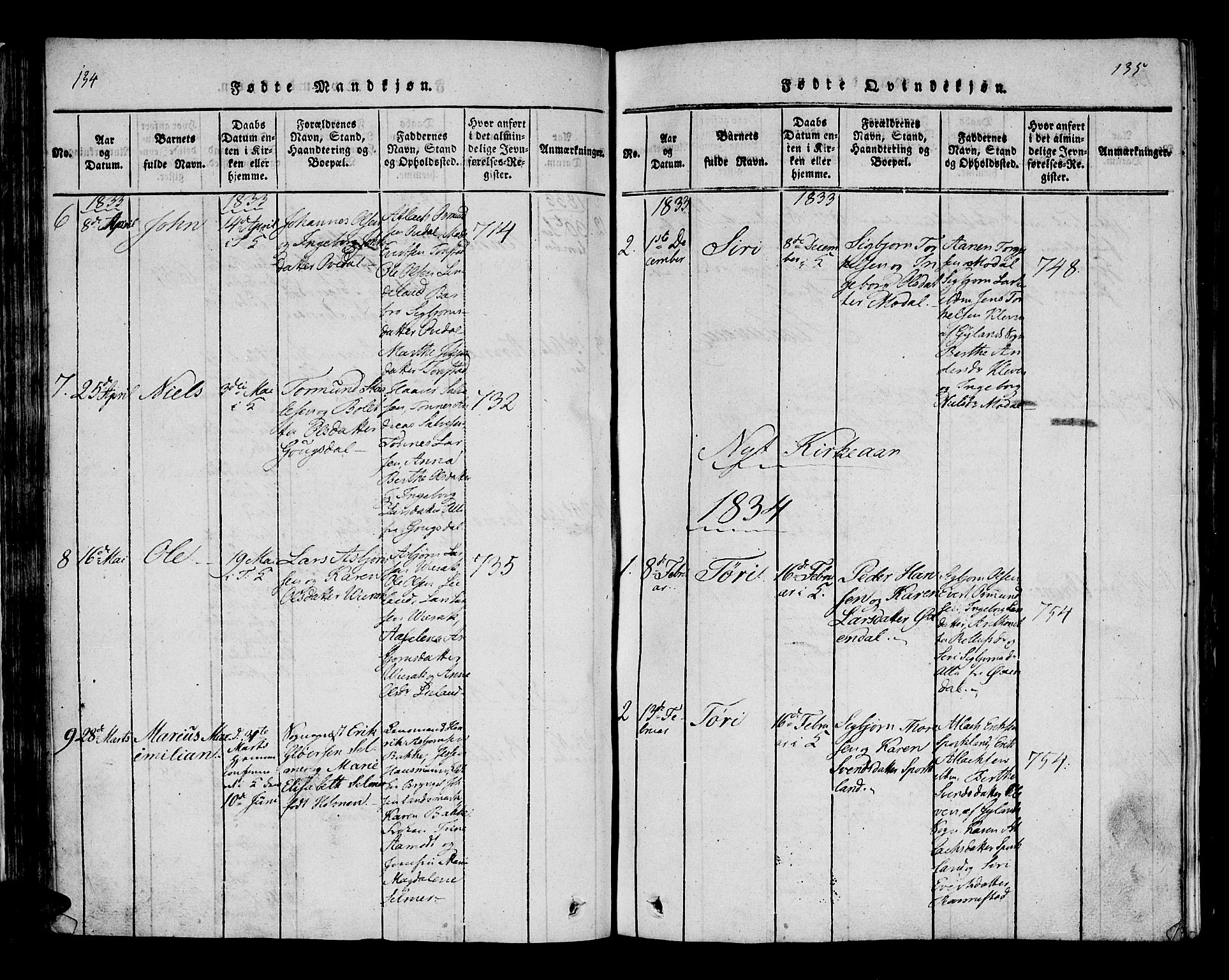 Bakke sokneprestkontor, SAK/1111-0002/F/Fa/Faa/L0003: Parish register (official) no. A 3, 1815-1835, p. 134-135