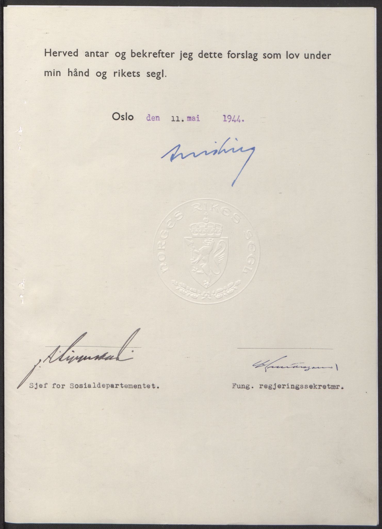 NS-administrasjonen 1940-1945 (Statsrådsekretariatet, de kommisariske statsråder mm), AV/RA-S-4279/D/Db/L0100: Lover, 1944, p. 216