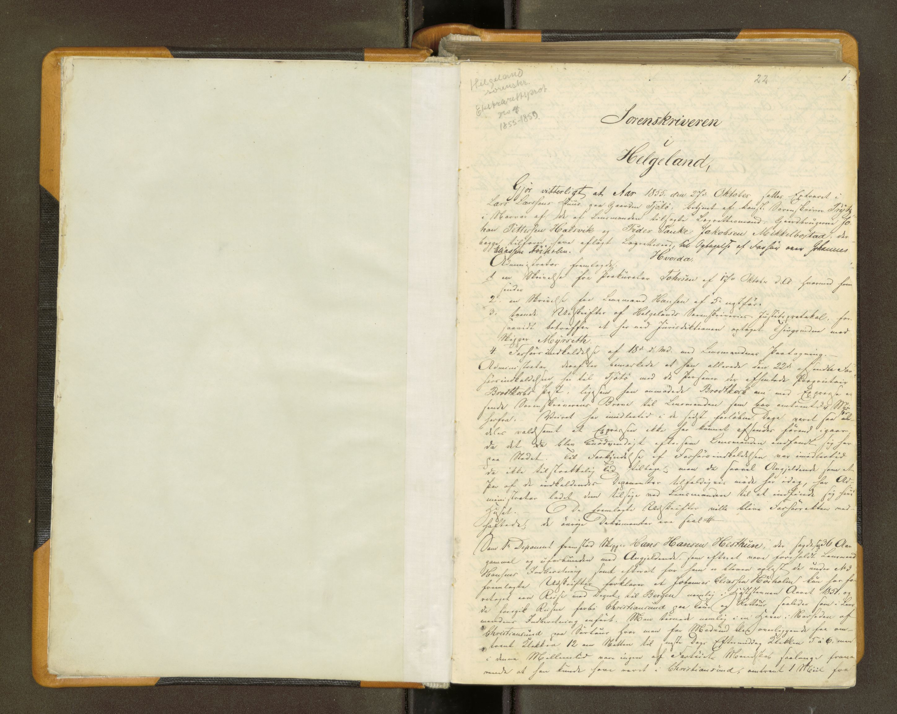 Helgeland sorenskriveri, SAT/A-0004/1/1B/L0013: Ekstrarettsprotokoll 11, 1855-1859, p. 1a