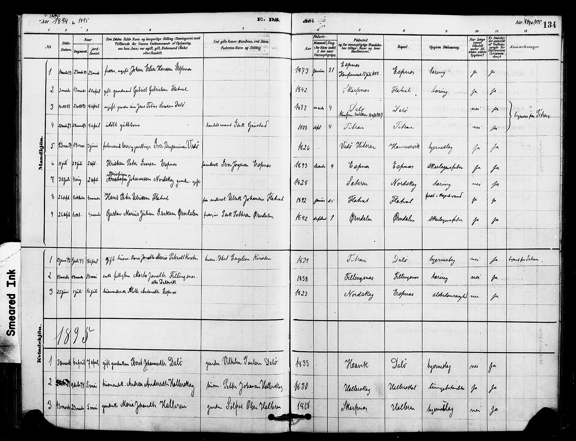 Ministerialprotokoller, klokkerbøker og fødselsregistre - Sør-Trøndelag, SAT/A-1456/641/L0595: Parish register (official) no. 641A01, 1882-1897, p. 134