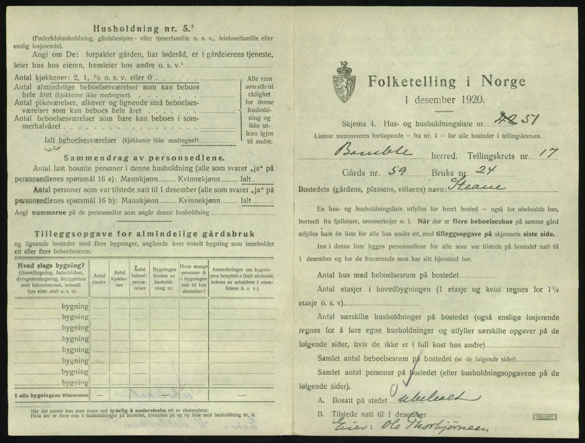 SAKO, 1920 census for Bamble, 1920, p. 1999