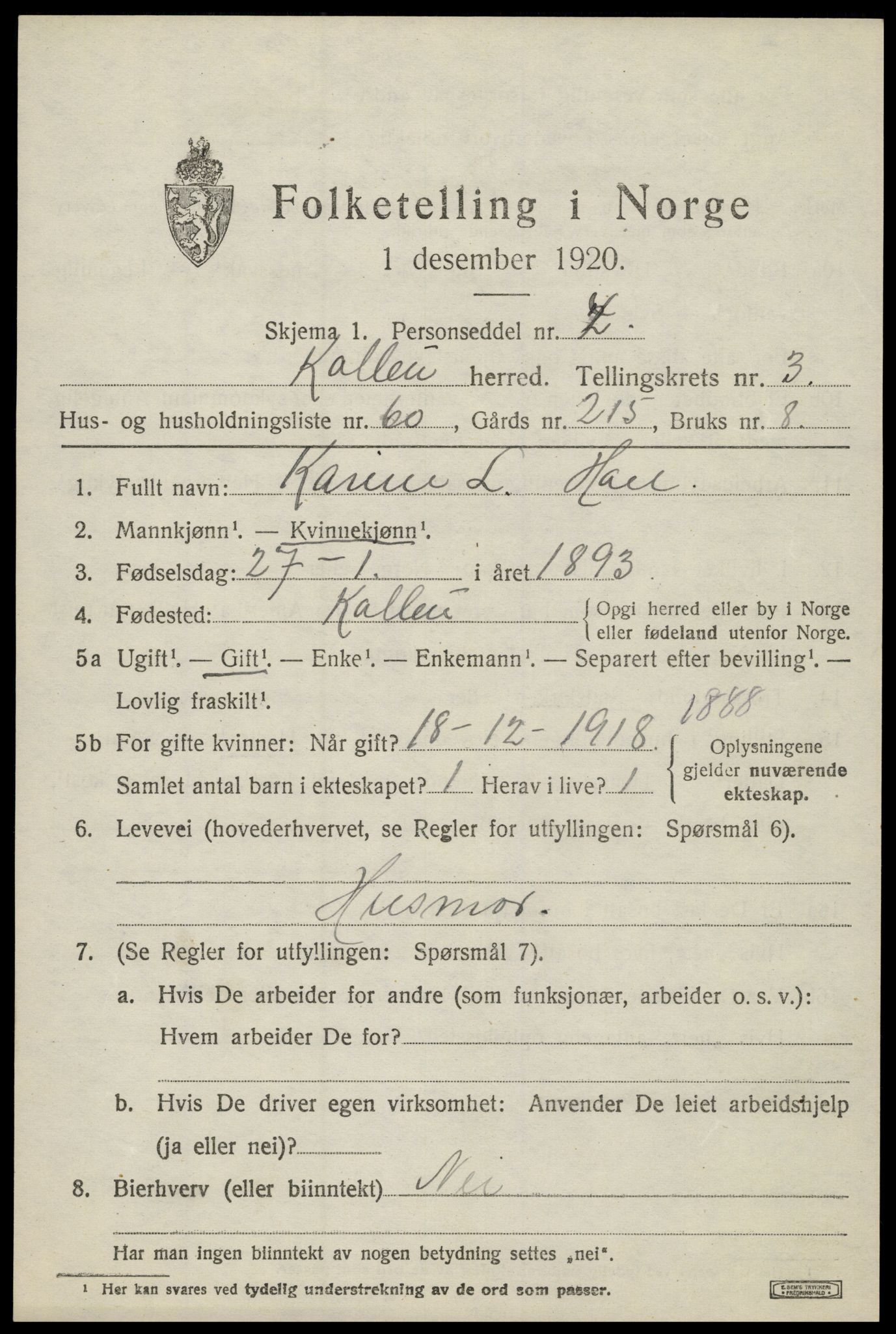 SAH, 1920 census for Kolbu, 1920, p. 3116