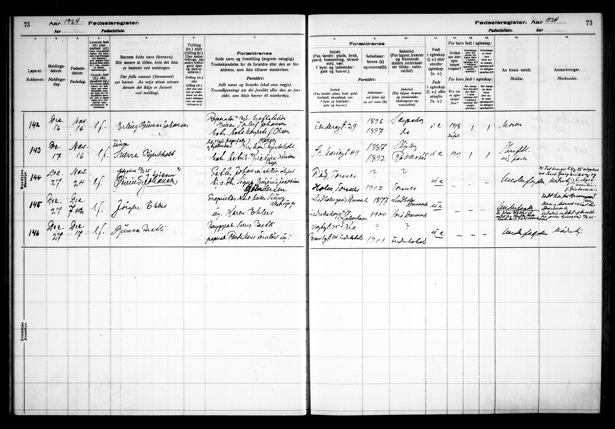 Sarpsborg prestekontor Kirkebøker, AV/SAO-A-2006/J/Ja/L0002: Birth register no. 2, 1922-1928, p. 73