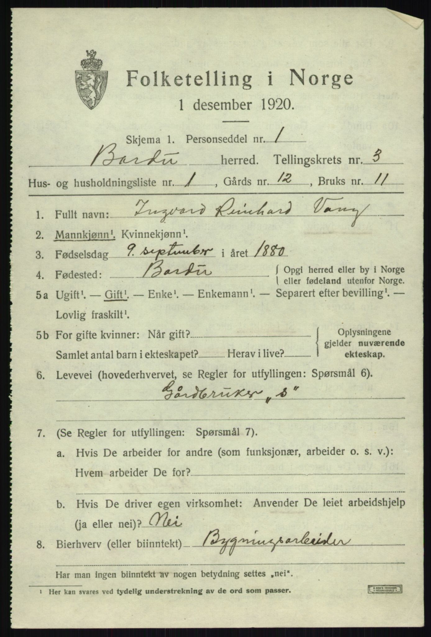 SATØ, 1920 census for Bardu, 1920, p. 1157